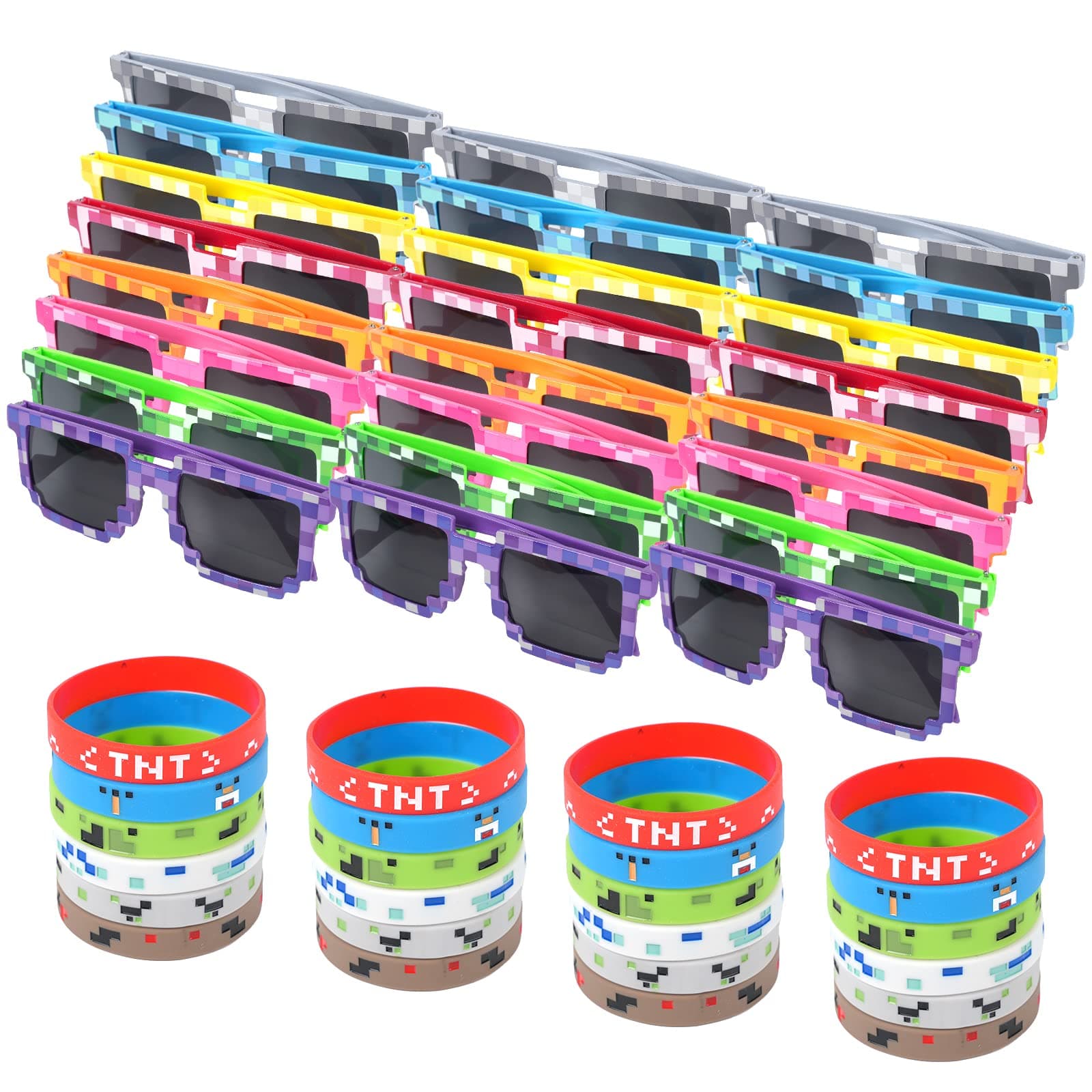 48 Pieces Miner Party Set 24 Pixel Gamer Sunglasses Pixelated Glasses and 24 Pixelated Theme Bracelet Miner Wristbands for Kids Adults Pixelated Style Game Player Birthday Party Favors