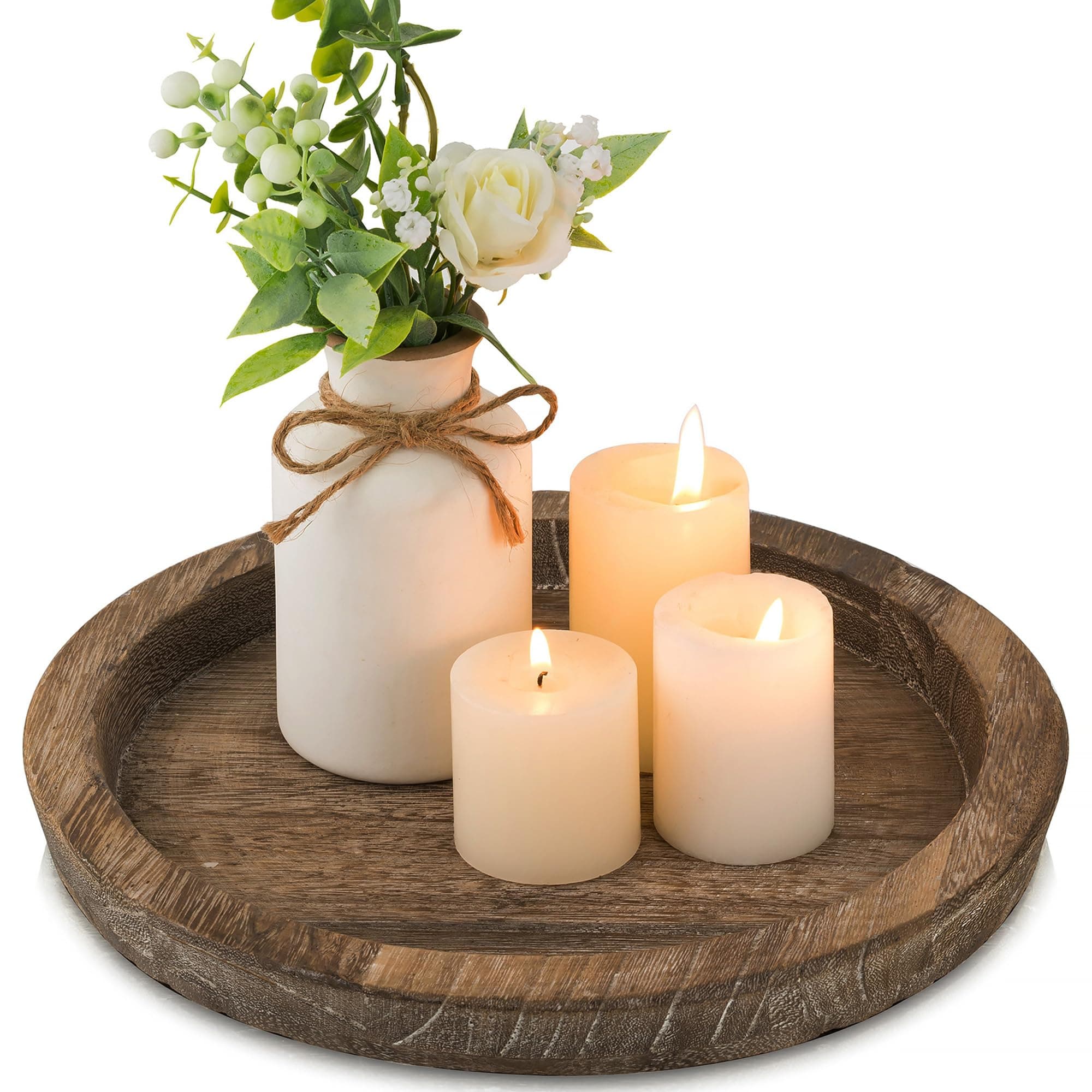 Wooden Candle Holder Tray: Round Decorative Candle Plate Farmhouse Table Centerpiece Rustic Wood Tealight Pillar Trays for Christmas Wedding Halloween Home Decor