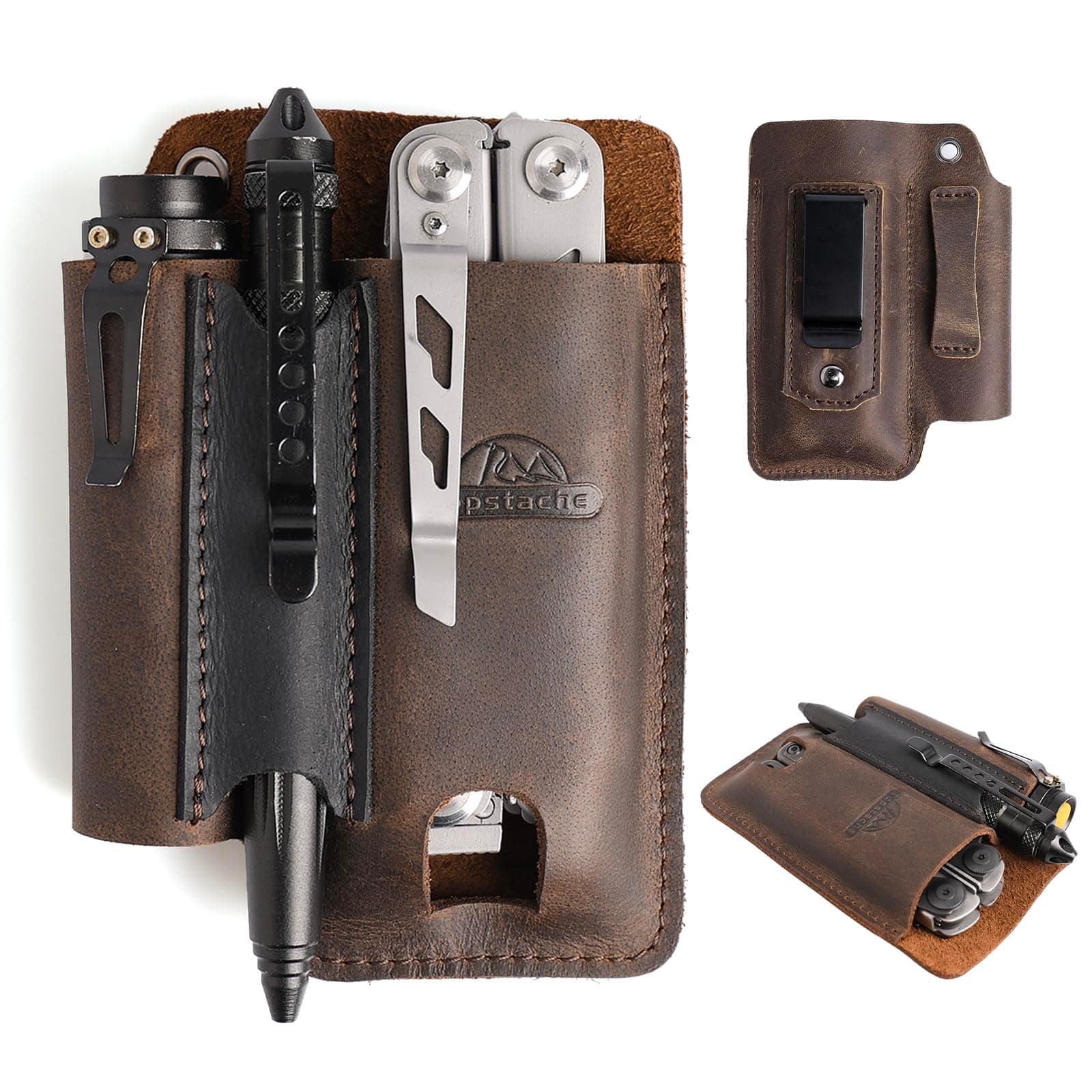 Topstache Leather Multitool Sheath with Belt Clip - Multitool Holster for Belt - EDC Belt Organizer Fits Multitool, Flashlight, Pen - Leather Multitool Pouch - Leather Multitool Holder, Darkbrown