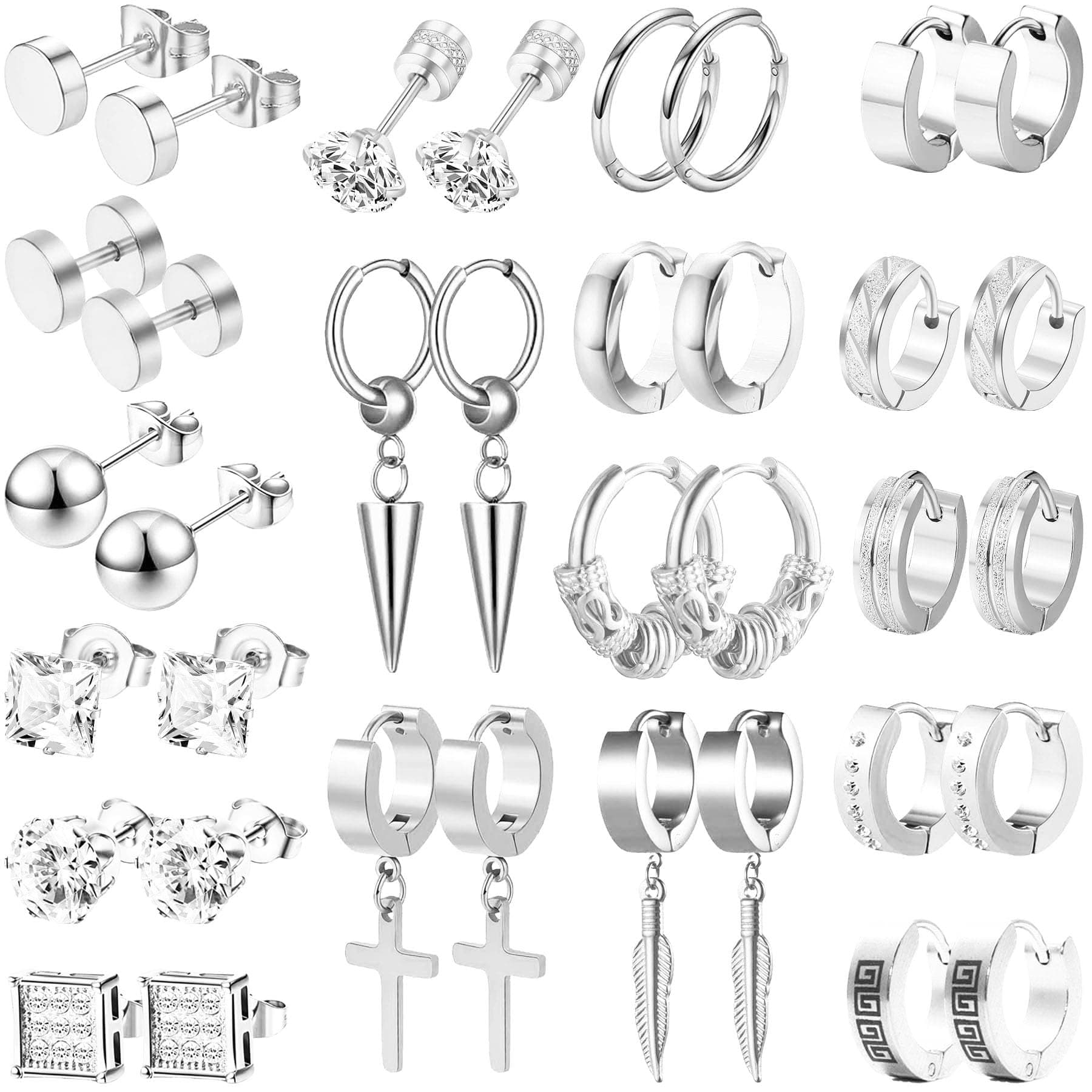 Earrings for Men - 18 Pairs, Black Gold Silver & Stainless Steel Stud, Cross, Dangle, Hoop Earrings Set - Fashion Piercing Jewelry