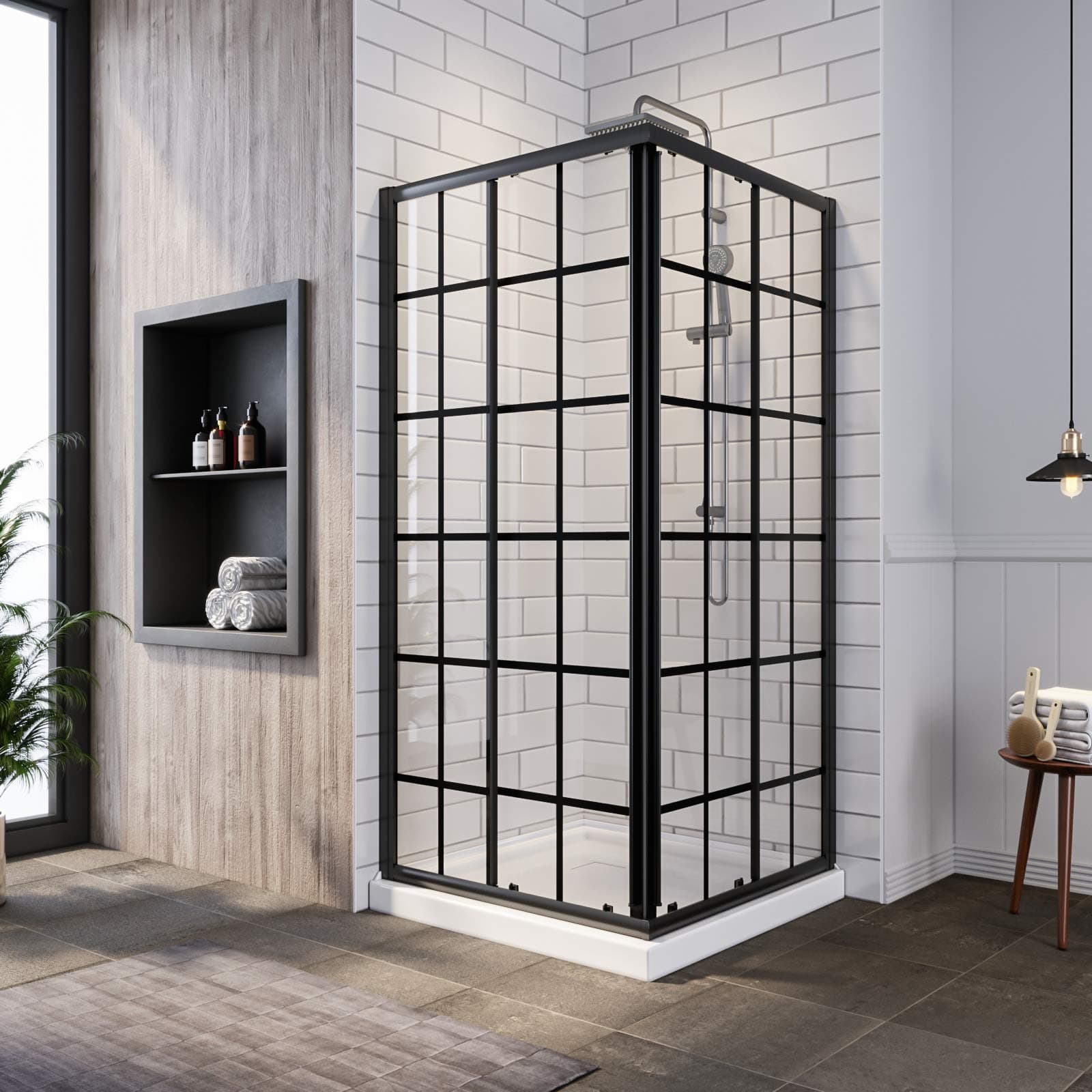 SUNNY SHOWER Sliding Shower Door with Shower Base Corner Shower Enclosure 36 X 36 X 72 inch, Semi-frameless Shower Door with 1/4" Clear Glass, Black Glass Door & White Base