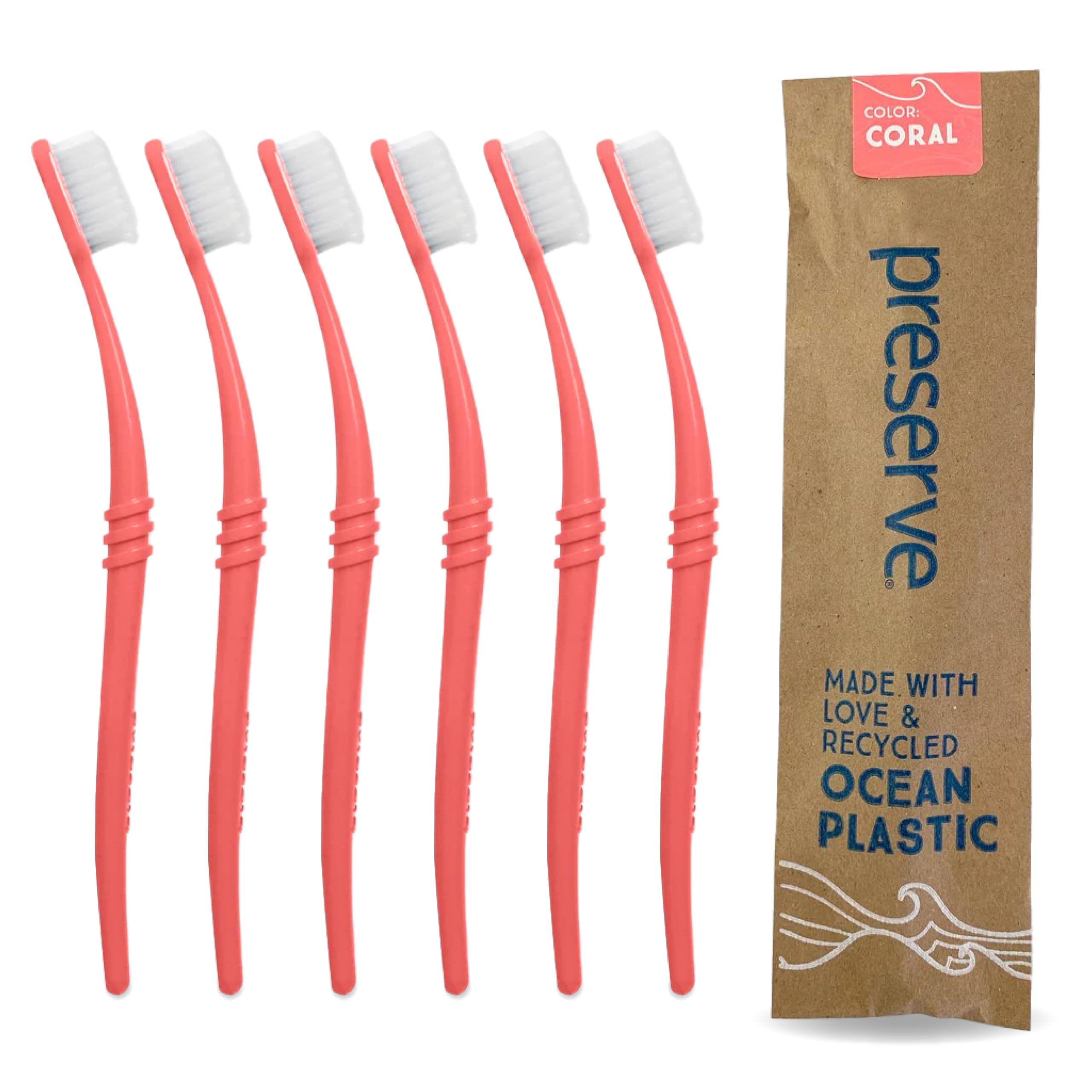Preserve Ocean Plastic Initiative (POPI) Adult Toothbrush, Made in USA from Recycled Ocean Plastic, Coral, Soft, 6 Count