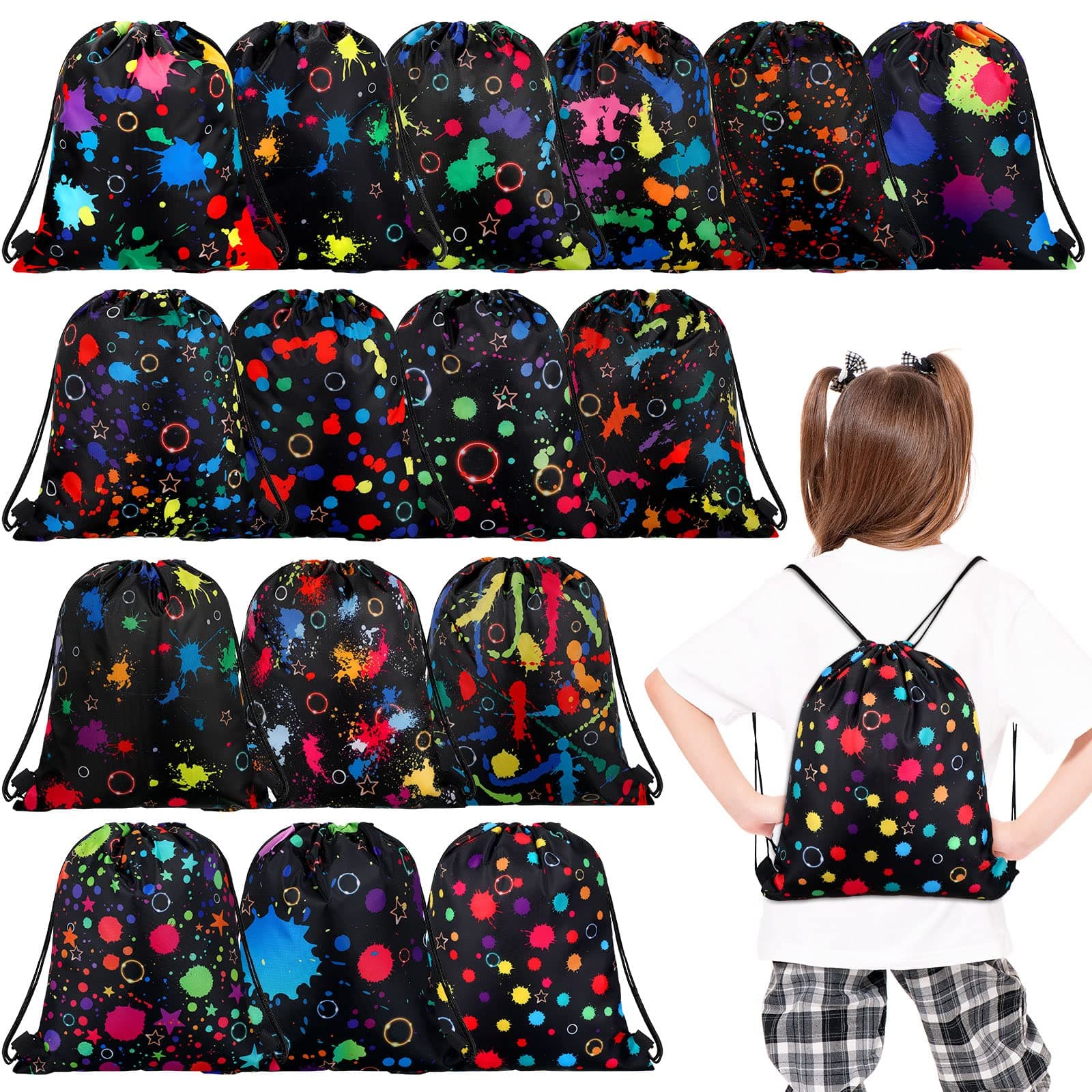 FunteryFuntery 32 Pcs Glow Party Drawstring Bags Glow Party Favors Neon Birthday Treat Bags for Teens Social Media Theme Gifts School Travel Supplies, 11.81 x 9.84 Inch