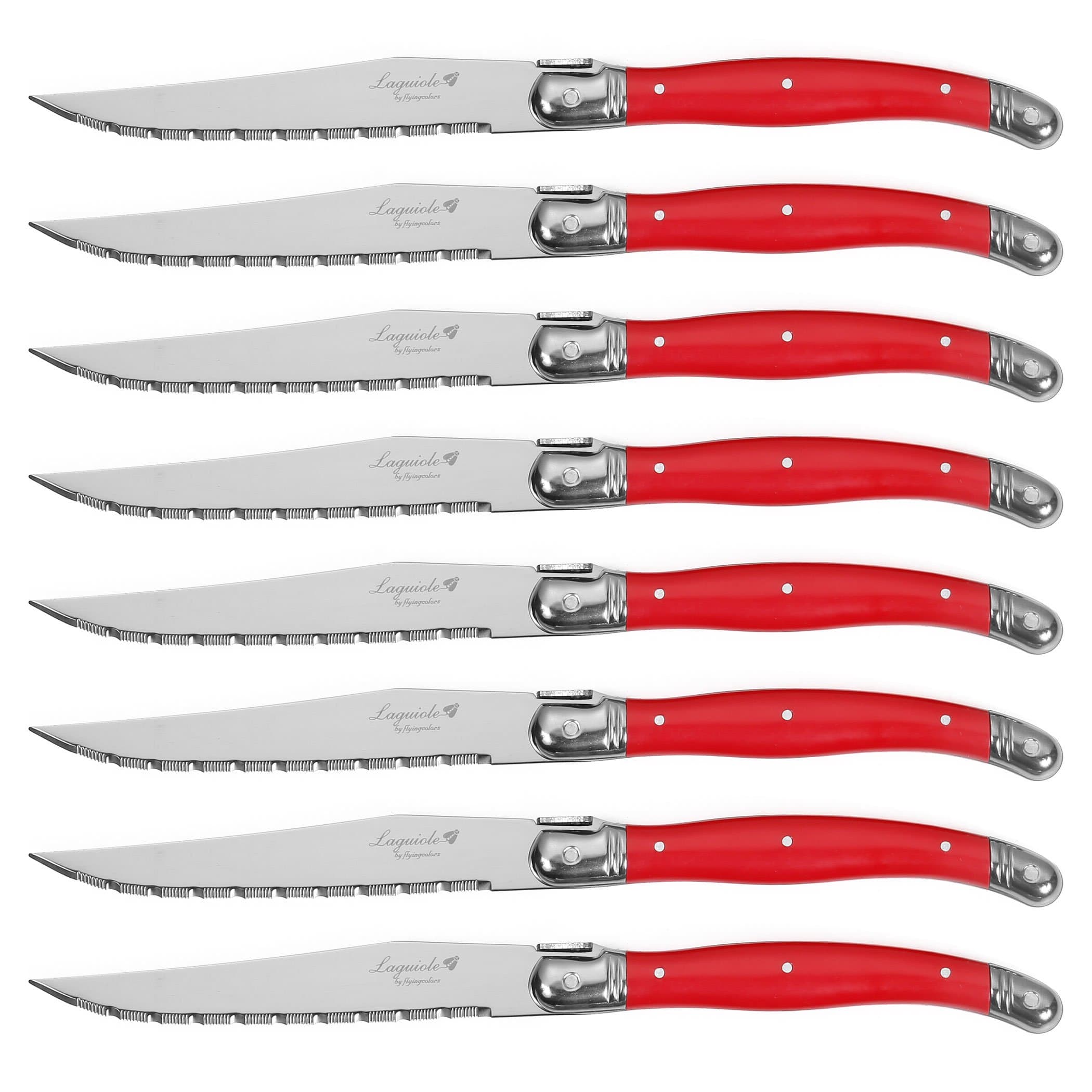 FLYINGCOLORSLaguiole Steak Knife Set, Stainless Steel, Red Handles, 8 Pieces Red.