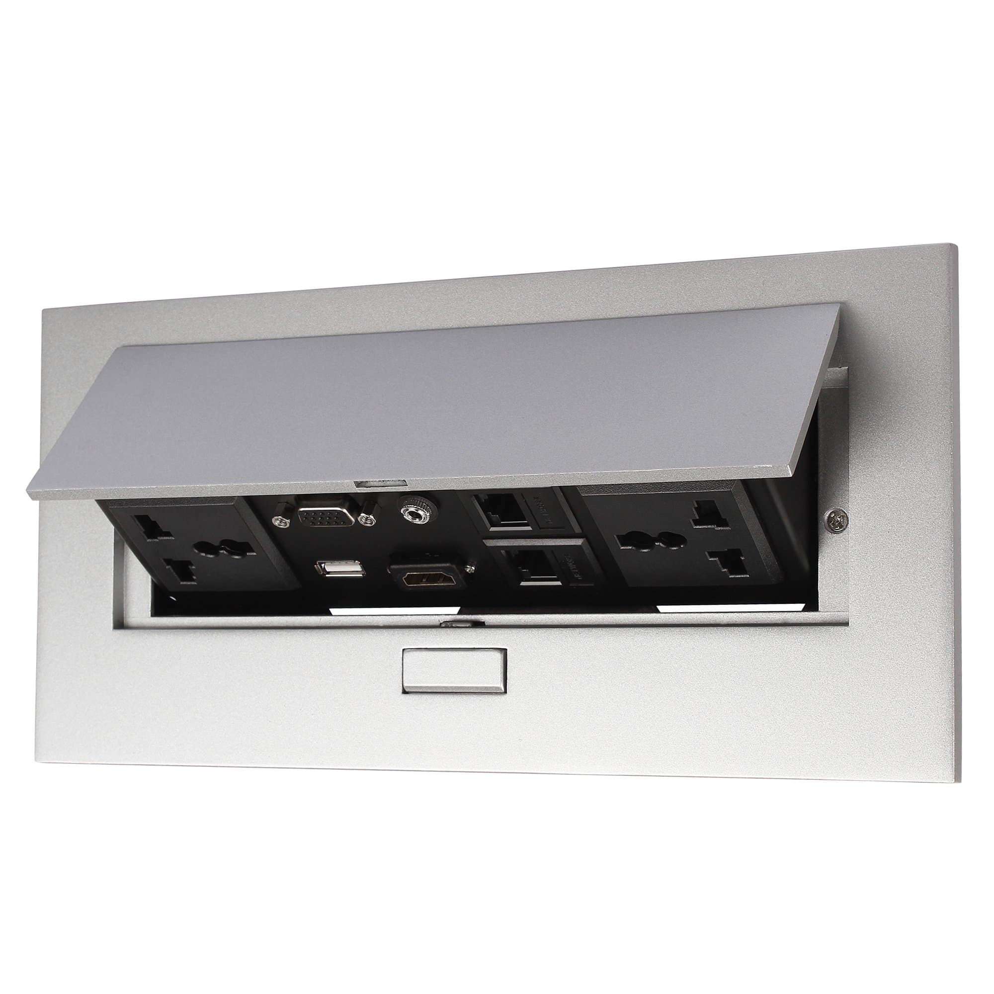 Hydraulic Pop up Box Cable Cubby with HDMI, Audio, Lan, USB and Power Ports Silver