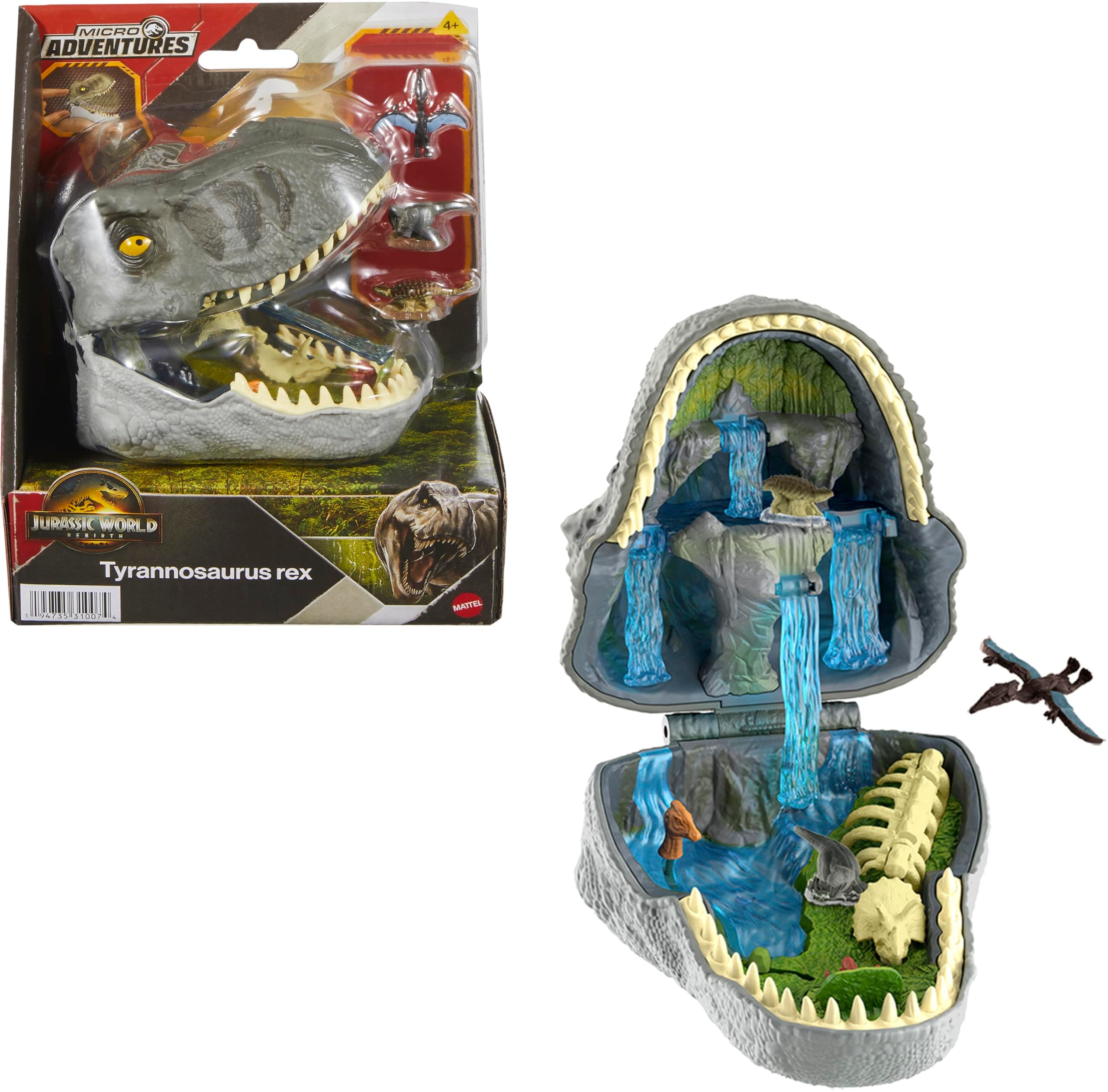 ​Mattel Jurassic World Rebirth Micro Adventure Playset, Tyrannosaurus Rex Head Opens to 4 Interactive Features, 3 Micro Figures, T. Rex Dinosaur Toy, JGB97