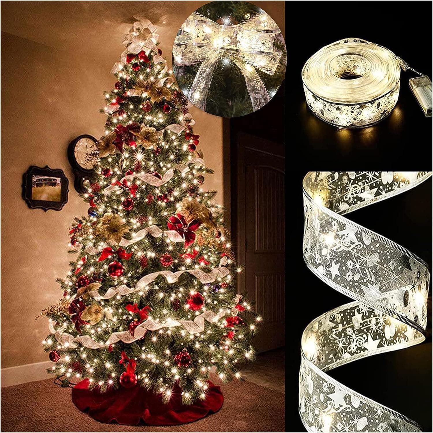 Christmas Tree Lights, 19ft/6m 60 LED Christmas Tree Ribbon Waterproof Fairy Lights Decorations Curtain Lights Hanging Fairy Lights for Bedroom Wall Garden Patio Decorations