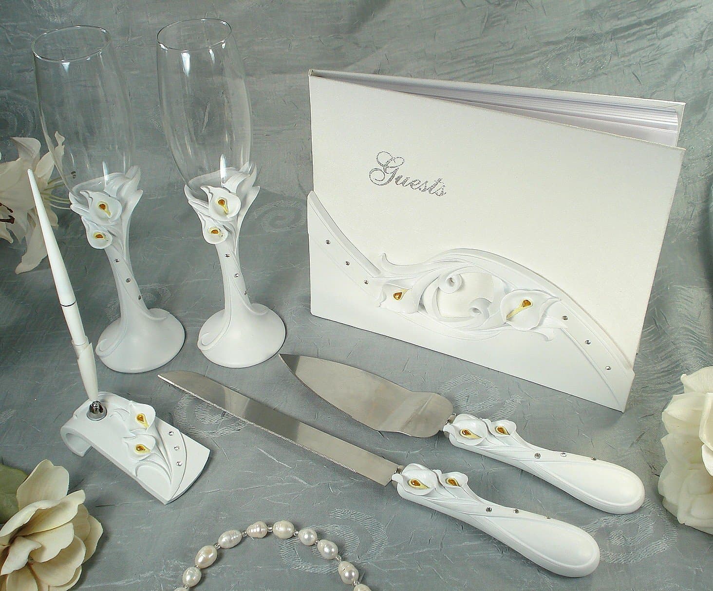 4 Piece Calla Lily Design Bridal Accessory Set. Guest Book, Toasting Flutes, Cake Set and Pen Set