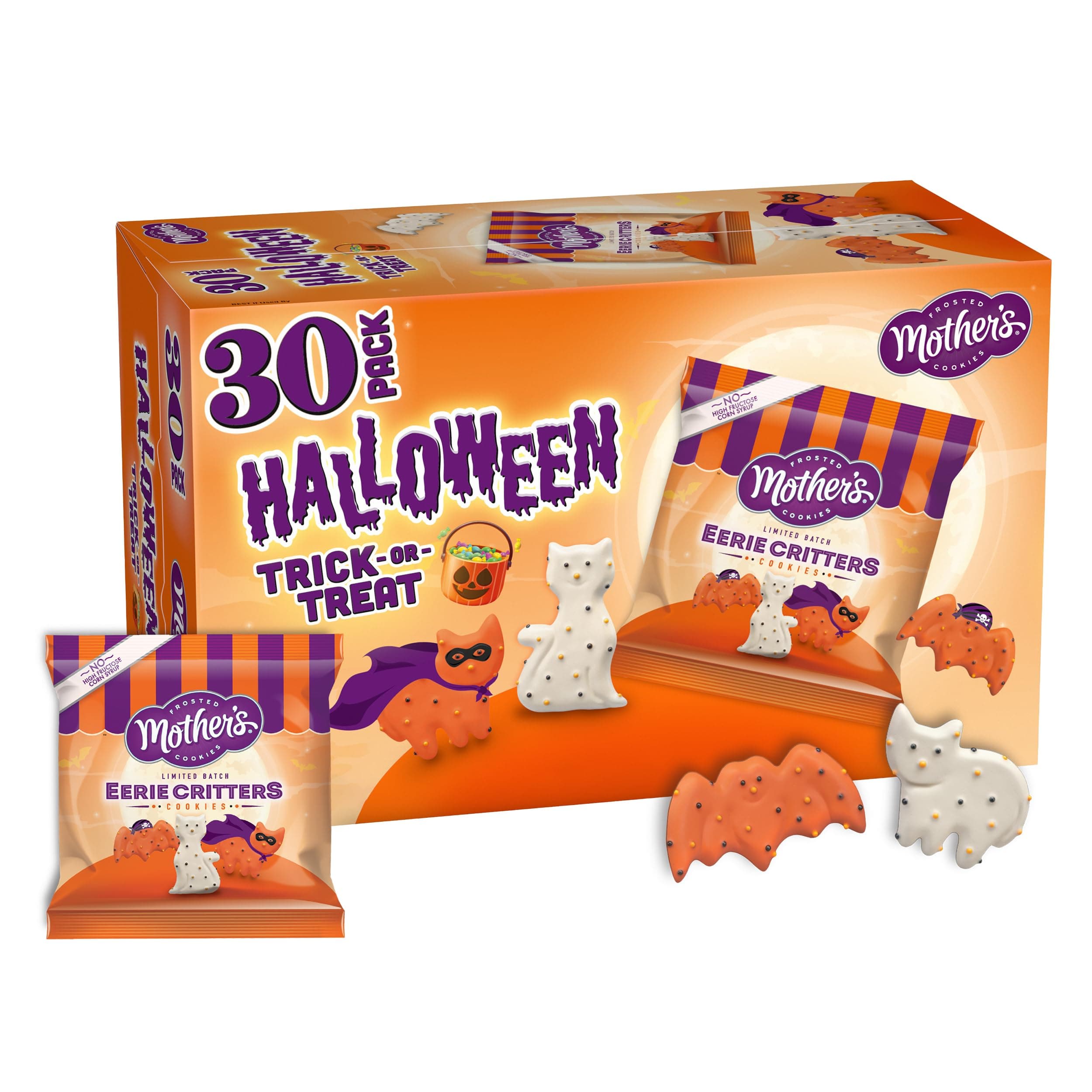 Mother’s Circus Halloween Animal Cookies, Snack Pack Halloween Treats for Kids, Individually Wrapped Halloween Cookies, Cats and Bats Frosted Animal Cookies with Sprinkles, 30ct Box