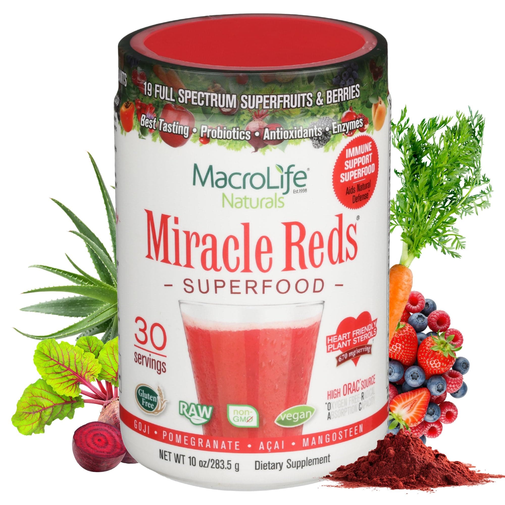 Miracle Reds Superfood Powder 19 Blended Fruit & Berry Polyphenols Enzymes Probiotics & Antioxidants Supplement - Raw Non-GMO & Vegan Whole Food Vitamins - 30 Servings