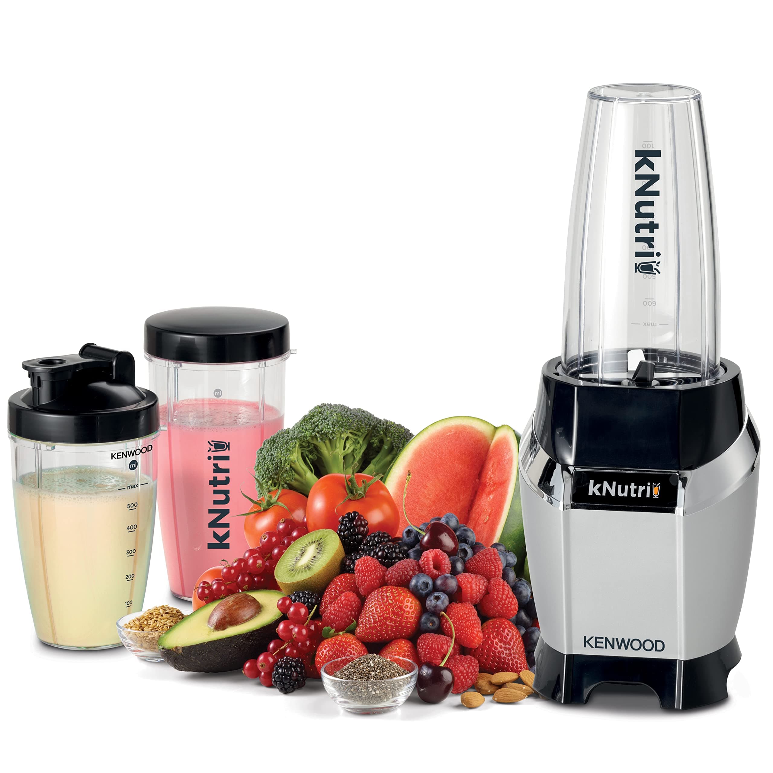 KENWOOD Personal Blender 600W Smoothie Blender/Smoothie Maker 600W with 2 x 700ml & 600ml Tritan Smoothie2Go Bottle and Lid, Ice Crush Function BSP70.560SI Black/Silver