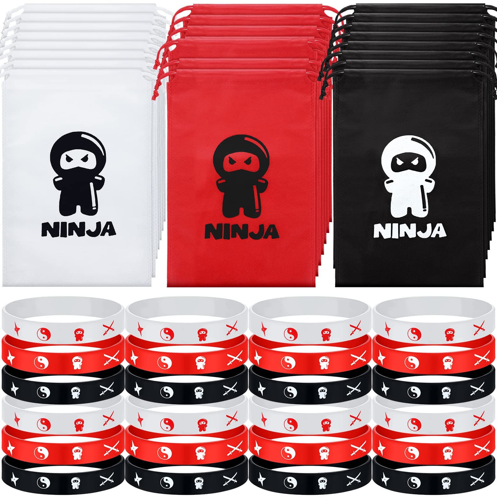 48 Pcs Karate Party Favors Ninja Party Favors Bags Ninja Silicone Wristbands Birthday Party Supplies Non Woven Reusable Gift Bags Silicone Bracelet for Party Favors(Drawstring Style)