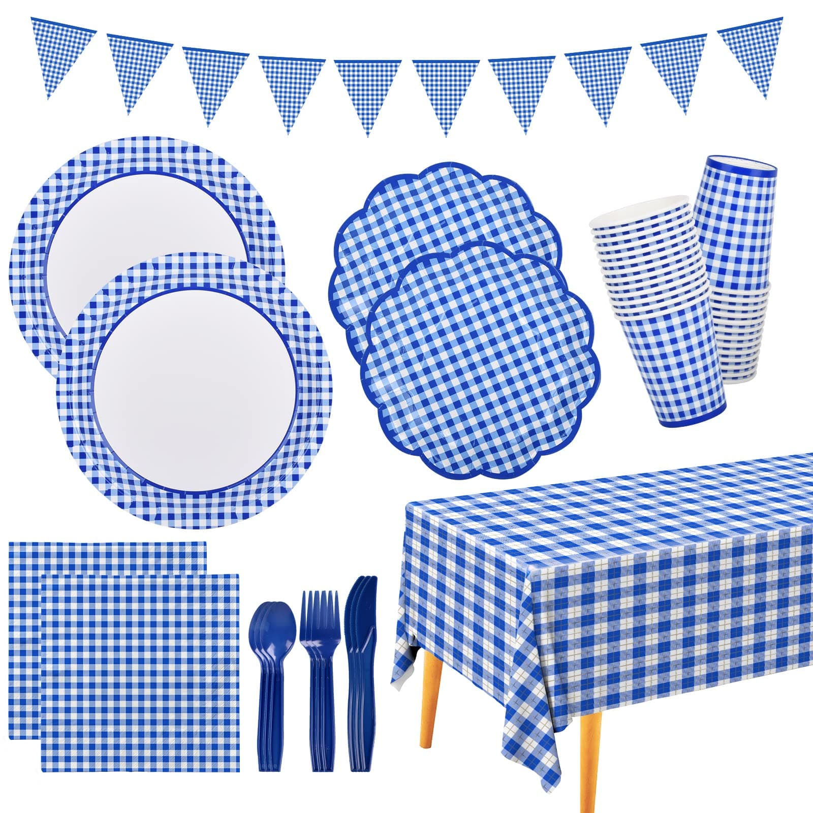 Gatherfun Gingham Blue and White Party Supplies Disposable Paper Plates Napkins Cups Knives Spoons Forks Tablecloth Banner for Birthday Party Family Dinner Picnic Barbecue Father's Day Party, Serve 25