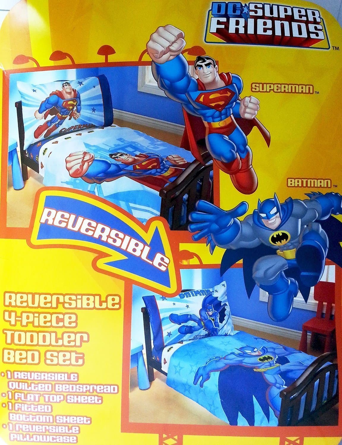 DC Super Friends Reversible Batman Superman TODDLER Bedding Set 4 Piece Comforter Sheets