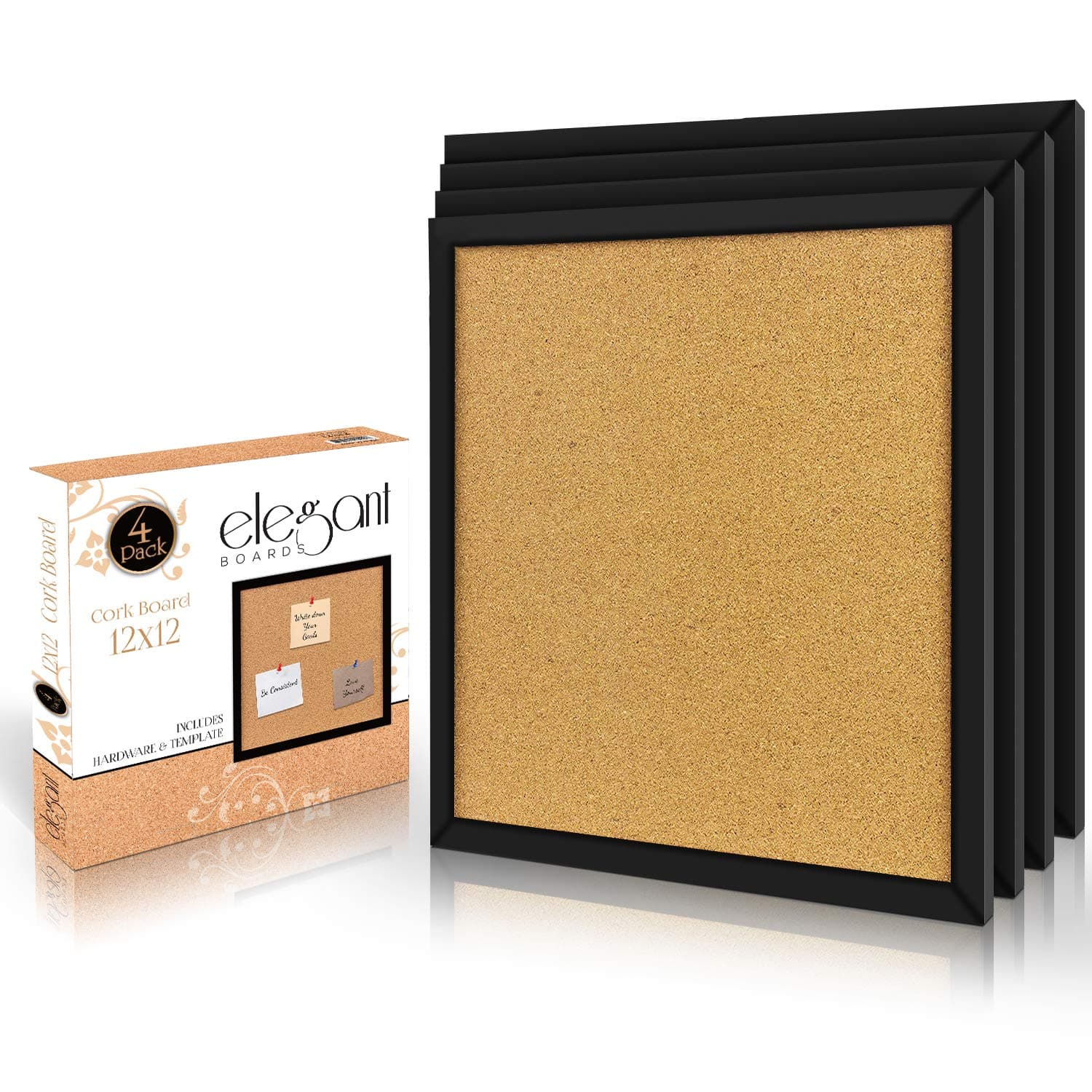 4 Pack Cork Bulletin Board 12"X 12" Square Wall Tiles, Modern Black Framed Boards for Home and Office (Hardware and Template Included)