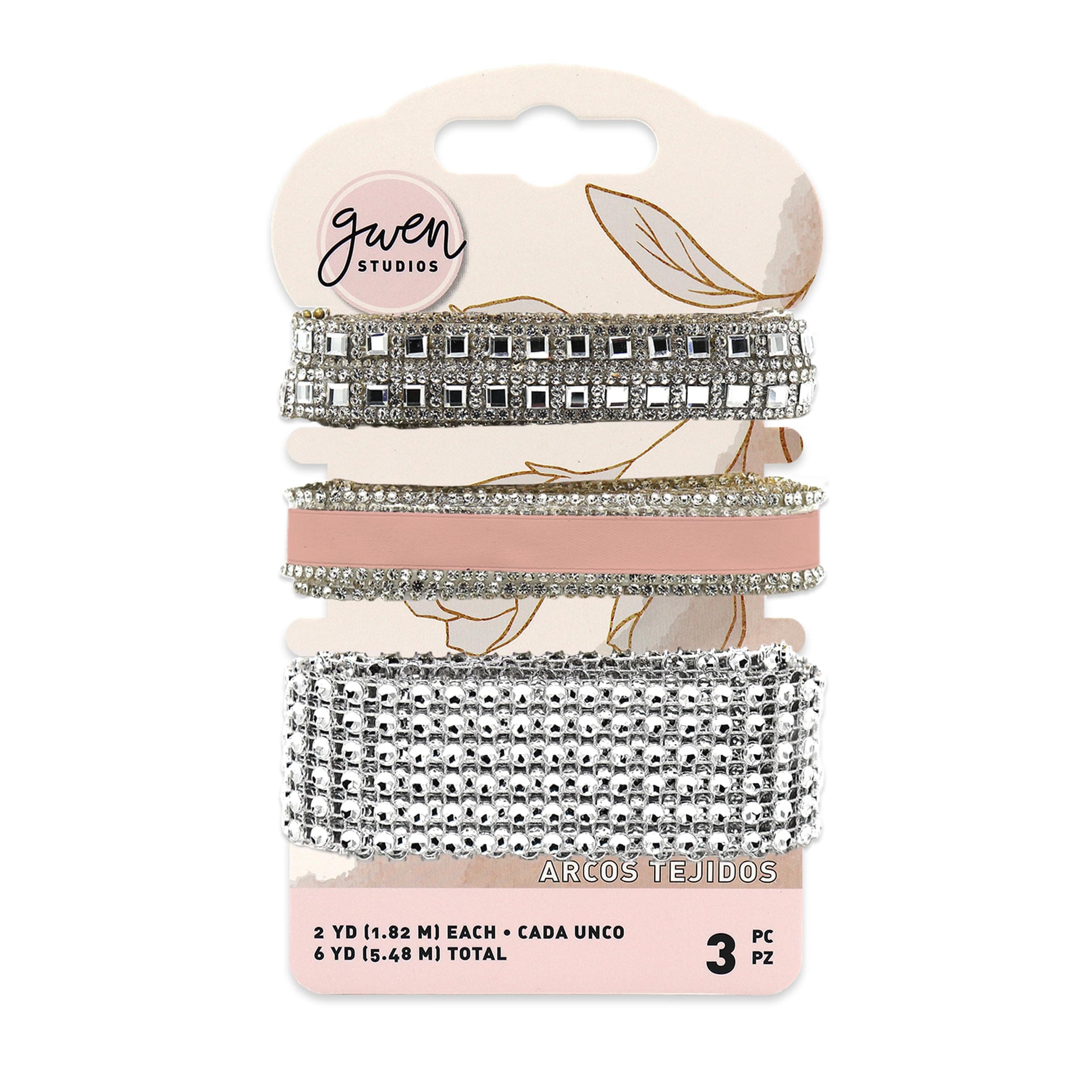 Gwen Studios Coral Satin and Rhinestone Trim Set, 3 Styles, 6 Yards