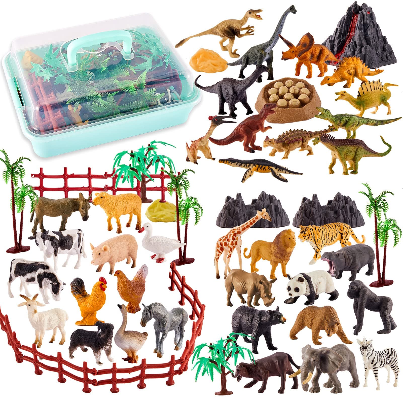 3 in 1 Animals Toys, Farm Animals, Wild Jungle Zoo Animal, Dinosaur Toy, Mini Animal Figures Set with Carry Case, 56PCS, Gifts for Kids Boys Girls 3 4 5 6 Years Old