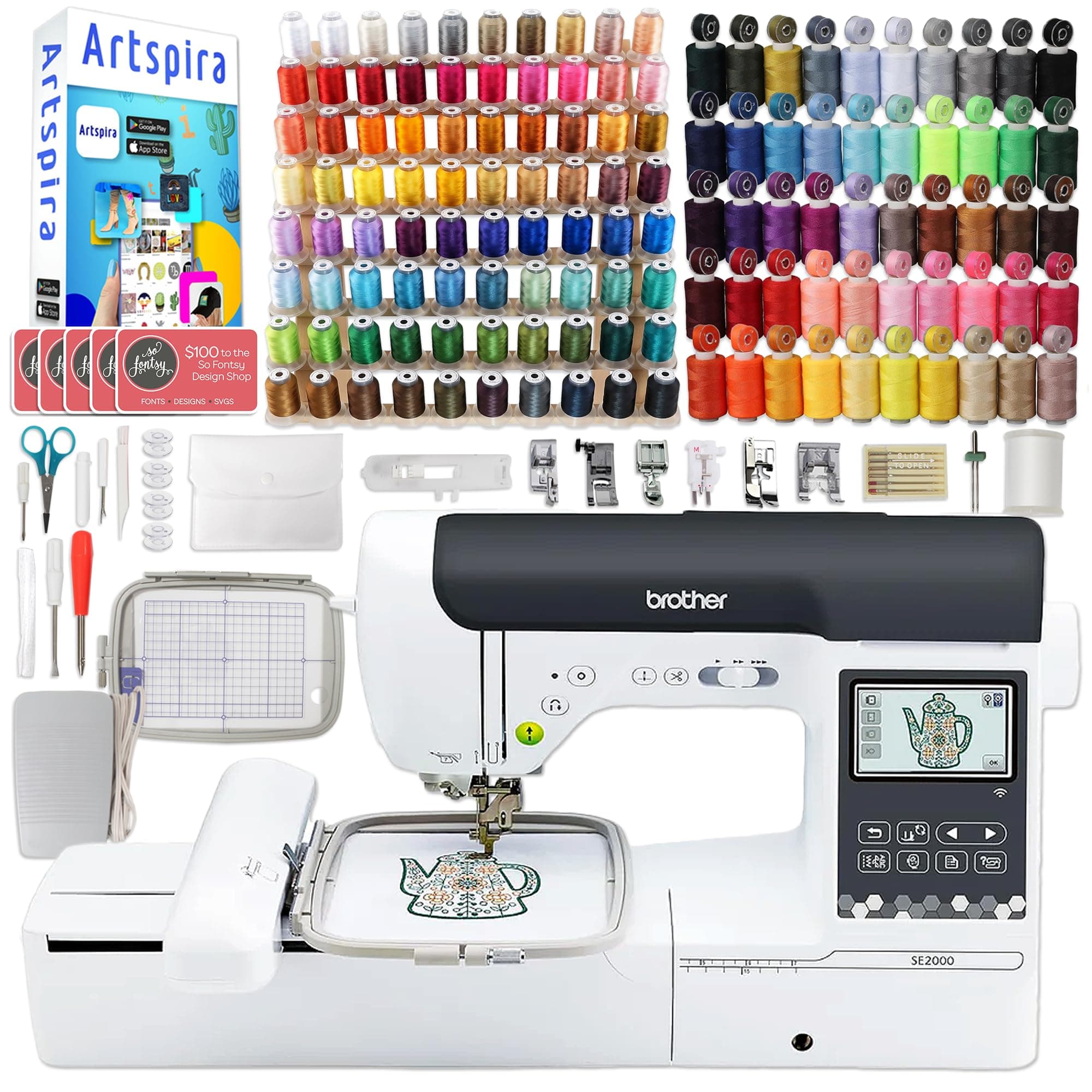 Brother SE2000 5" x 7" Combo Embroidery & Sewing Machine with Deluxe 130 Thread Spools & Accessories