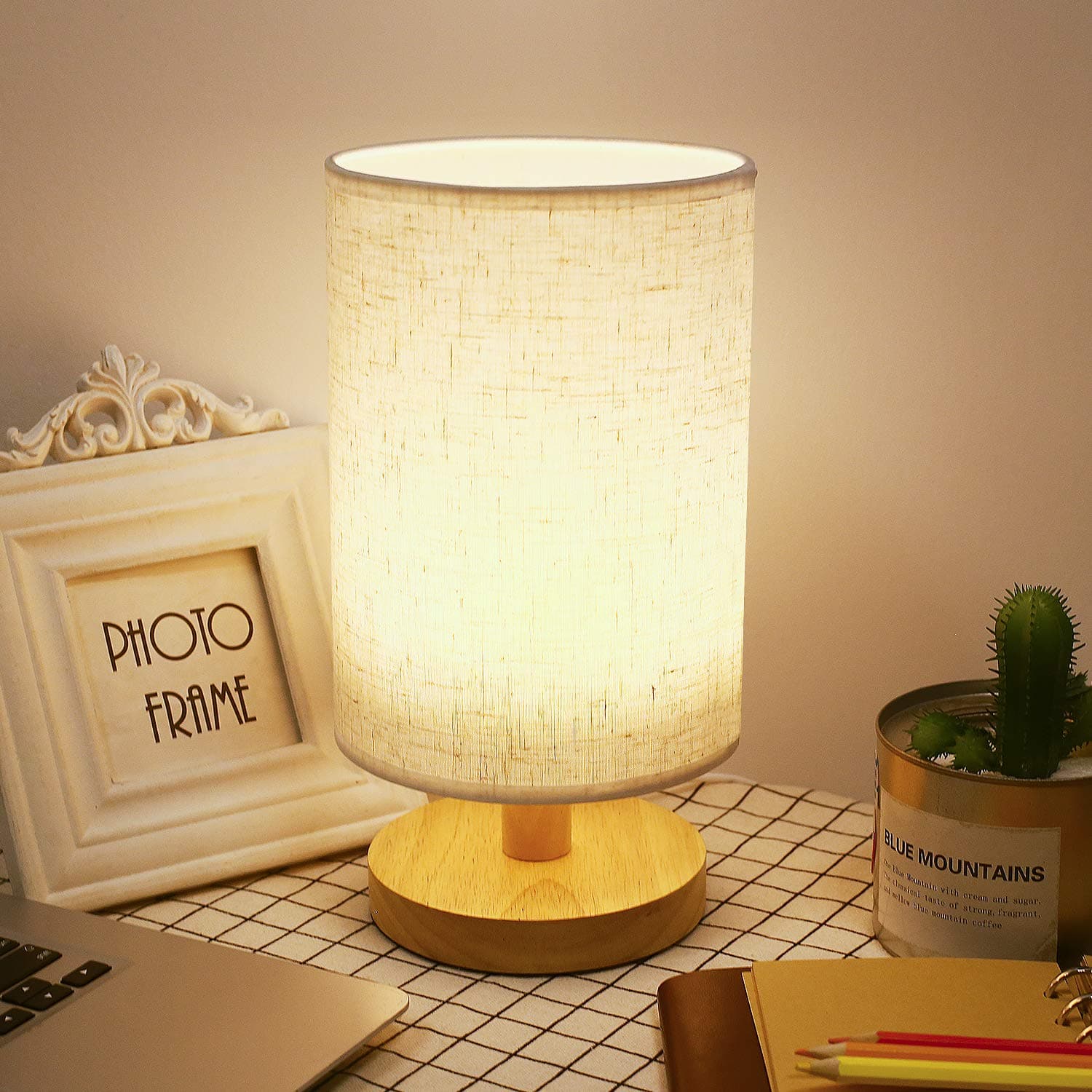 Bedside Table Lamp, USB Dimmable LED Bedrooms Lamps, Nightstand Desk Lamp Minimalist Solid Wood Round Base with Fabric Shade for Living Room, Kids Room, Office