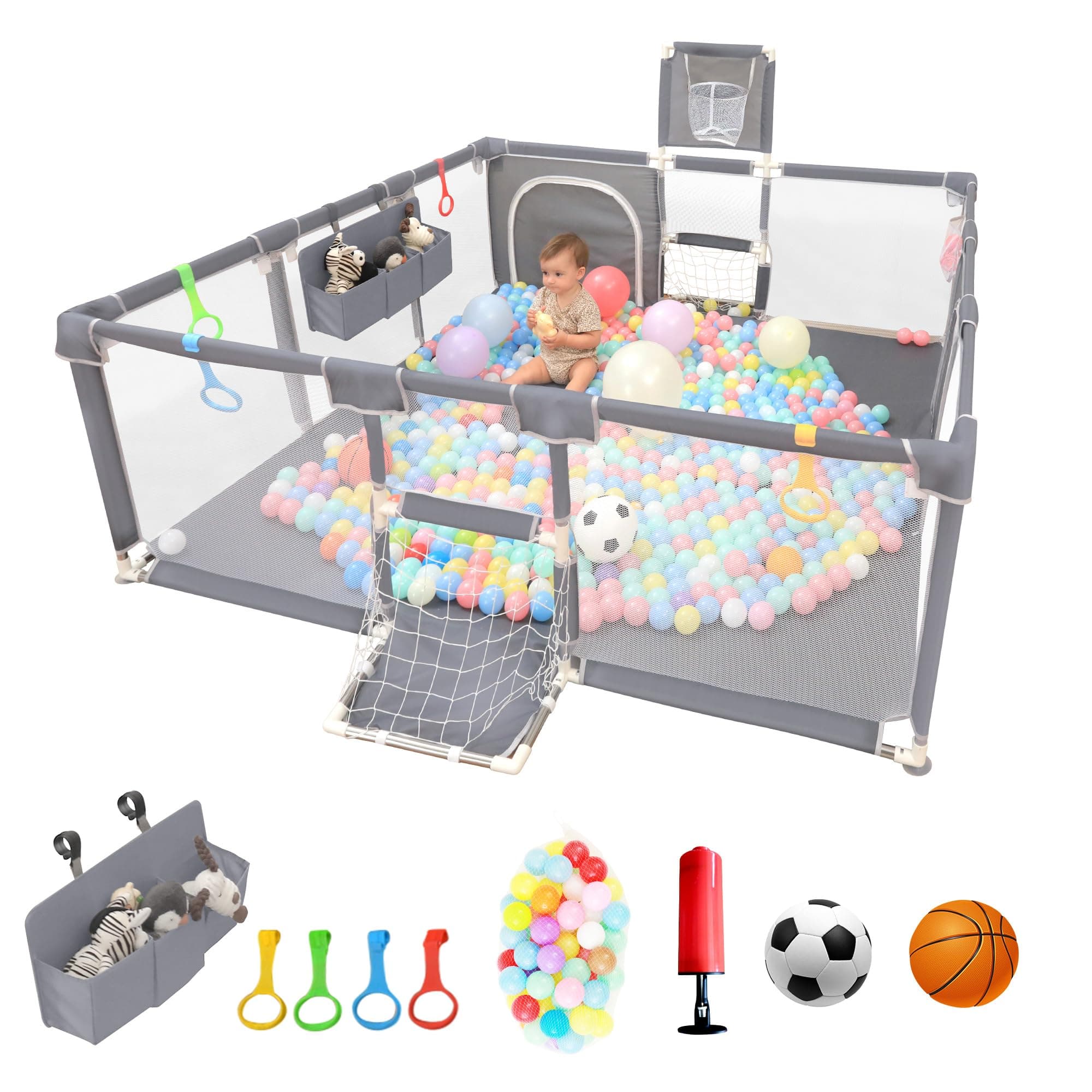 Baby Playpen,73''×71'' Playpen for Babies and Toddlers, Large with Breathable Mesh,Safety Basketball Hoop Football Nets Indoor & Outdoor Activity,Grey,73''X71'',(TB-N04N-BJ4H)