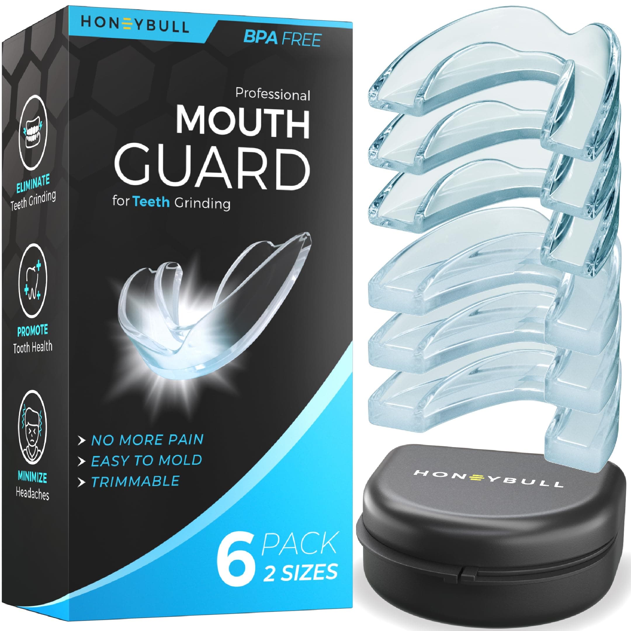 HONEYBULL Mouth Guard for Grinding Teeth [6 Pack - 2 Sizes] for Clenching at Night, Whitening & Sports