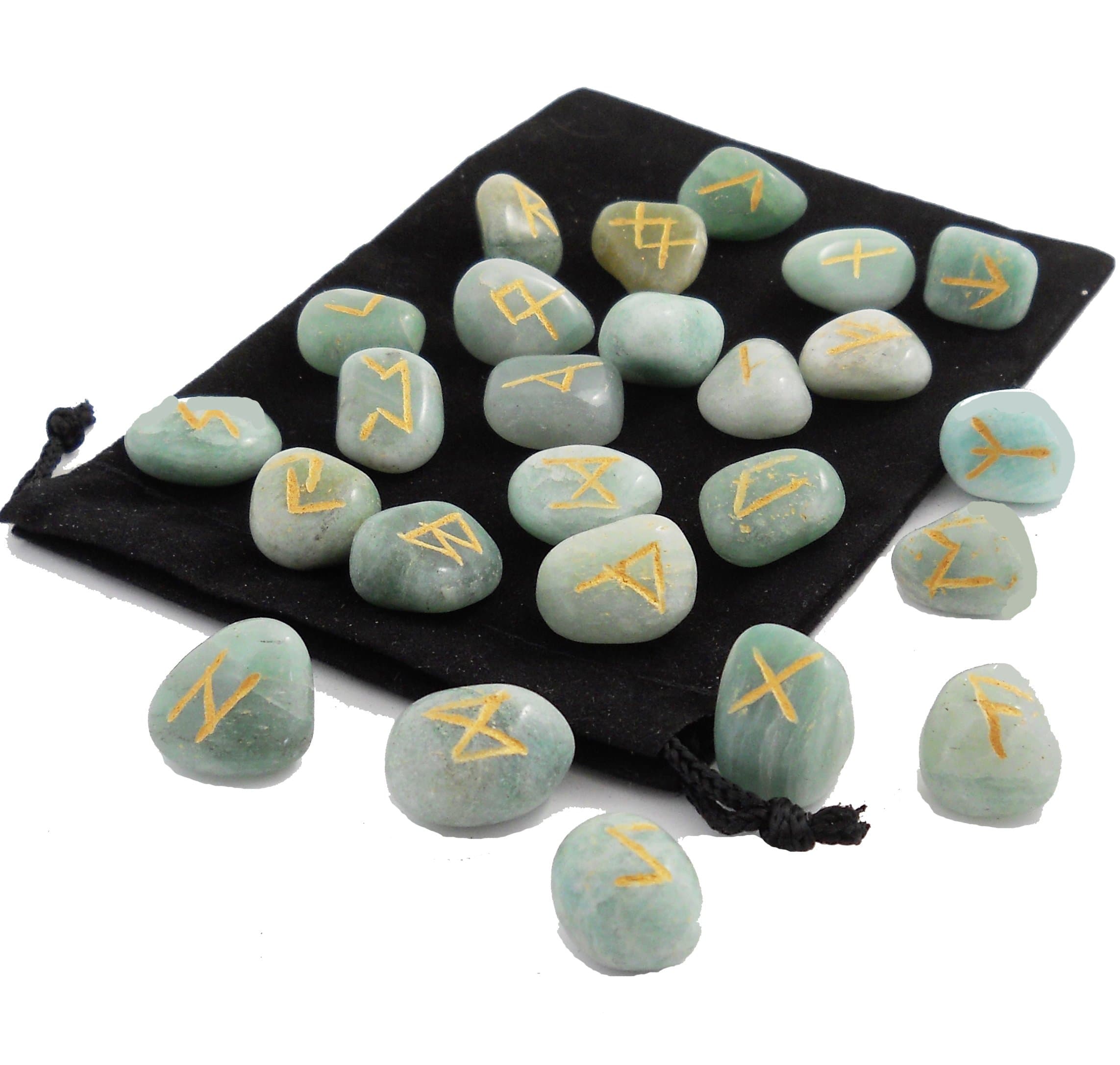 AVENTURINE RUNE STONES SET + 192 Page GUIDE BOOK + POUCH ~ Crystal Gemstones Are Engraved / Etched In Popular Elder Futhark Alphabet