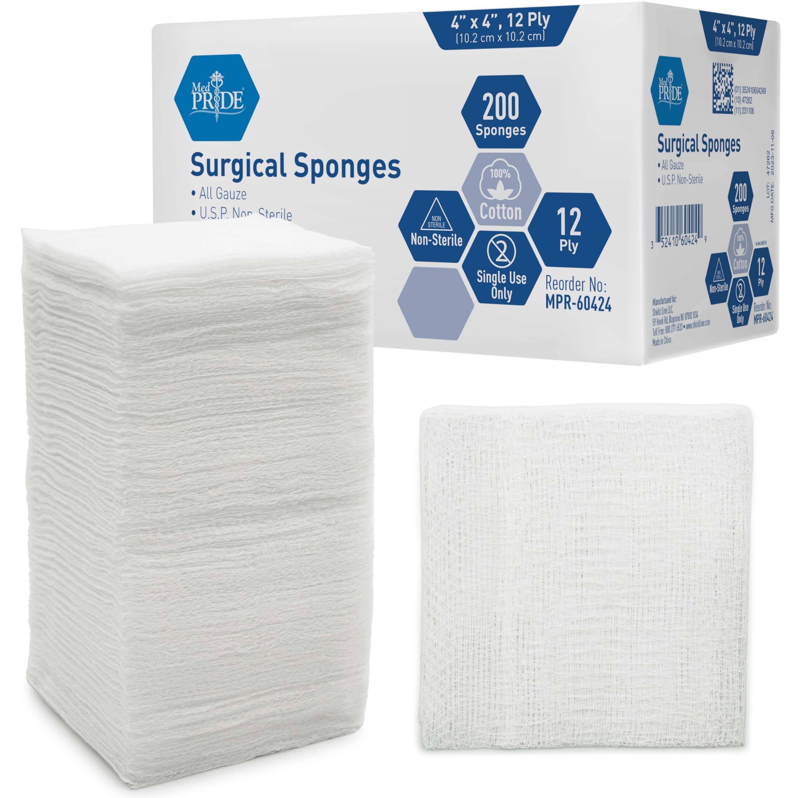 MED PRIDE 4”x 4” Gauze, 200 Surgical Sponges 12-ply Extra Absorbent | All-Gauze, Non-Sterile| Great for Wound Dressing, Prepping, Scrubbing & Cleaning| Essential First-Aid