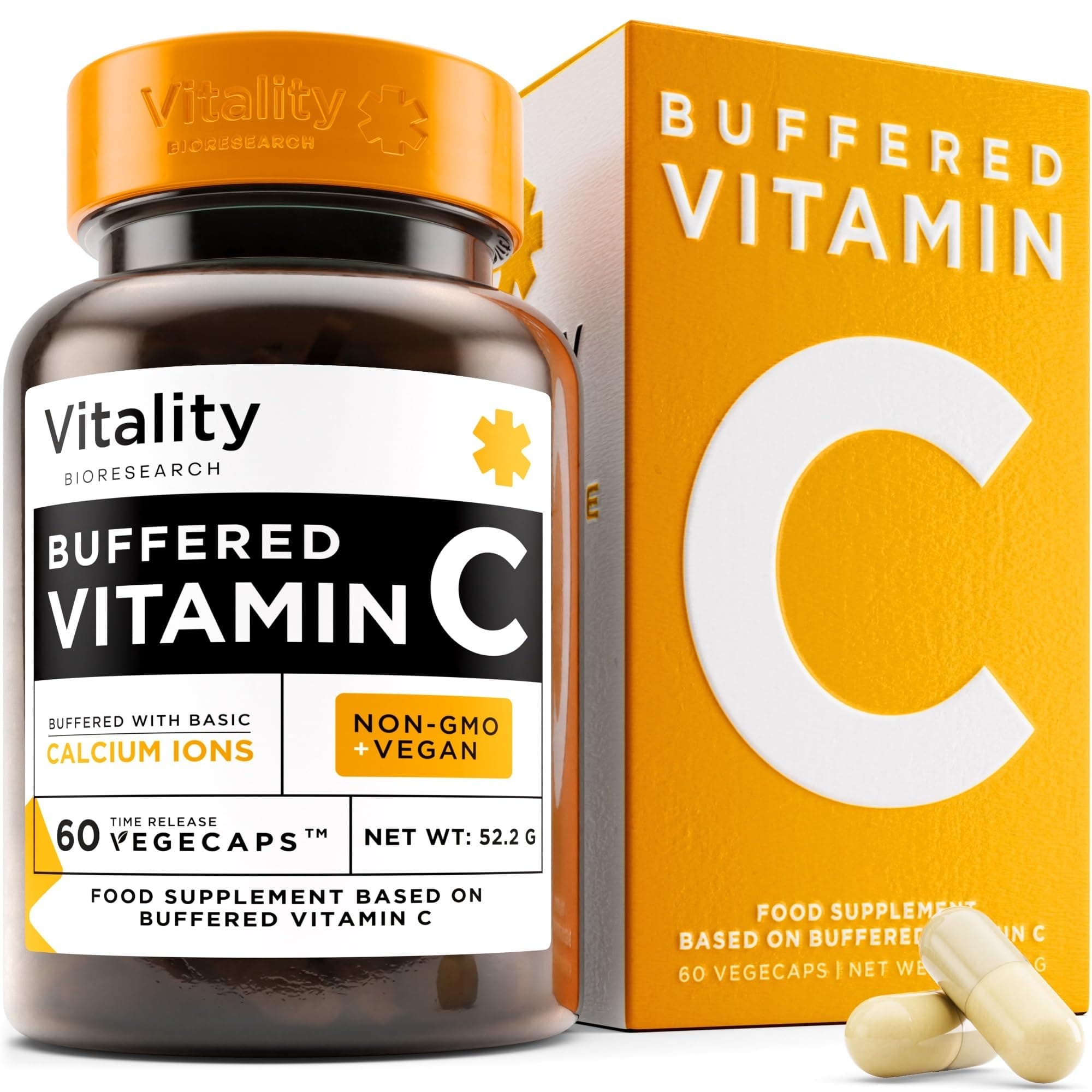 Buffered Vitamin C 1000mg - High Strength Vitamin C Supplement for Immune System, Sensitive Stomach, Calcium L-Ascorbate - Vegan - 60 Vitamin C Slow Release Capsules