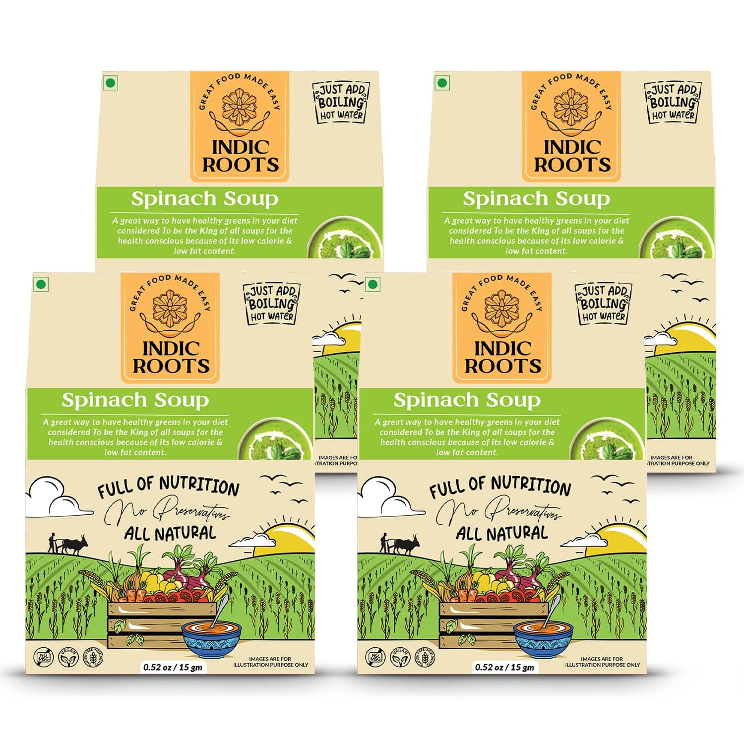 Indic Roots (Organic Roots) Spinach Soup, Palak Instant Soup Packets, Healthy Natural Ready To Cook Vegetable Soup Mix Powder, Pack of 4 (15G Each, 165Ml)