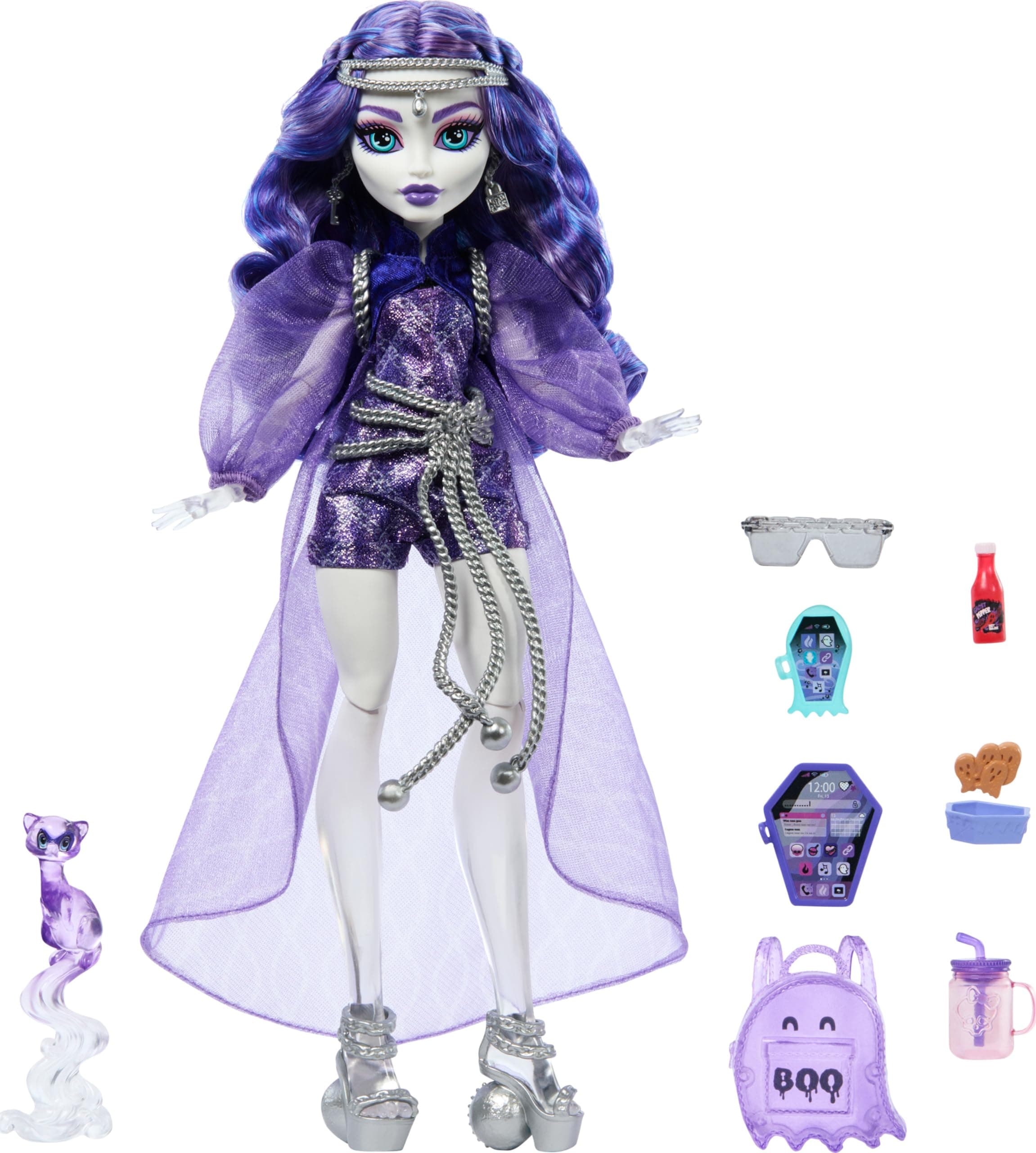 Spectra Vondergeist Doll with Pet Ferret Rhuen and Accessories Like Backpack, Tablet, Snacks and More