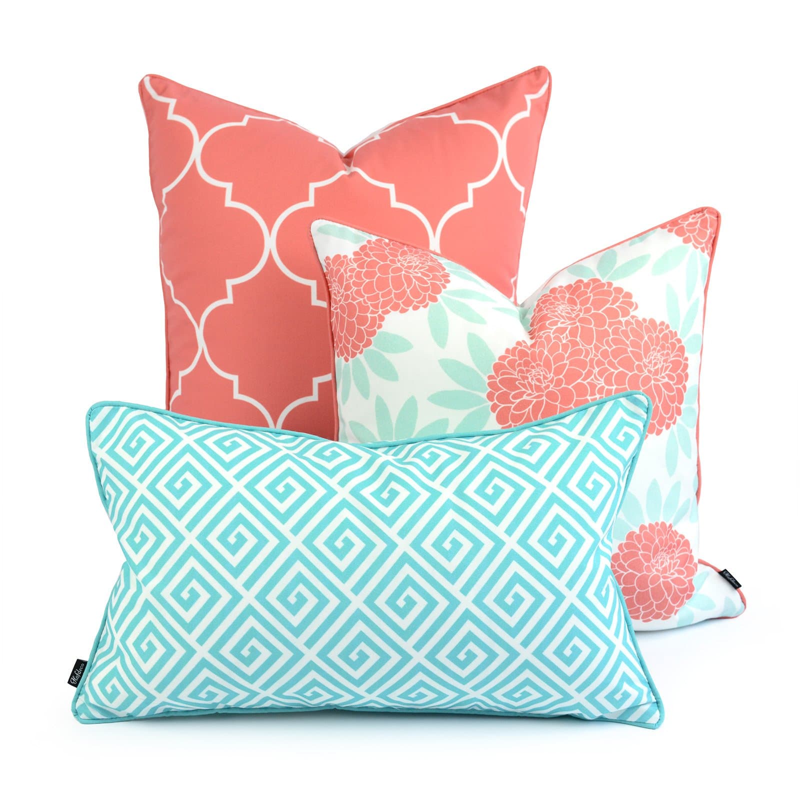 Hofdeco Spring Indoor Outdoor Pillow Cover ONLY, Water Resistant for Patio Lounge Sofa, Aqua Coral Pink Moroccan Maze Floral, 18"x18" 20"x20" 12"x20", Set of 3