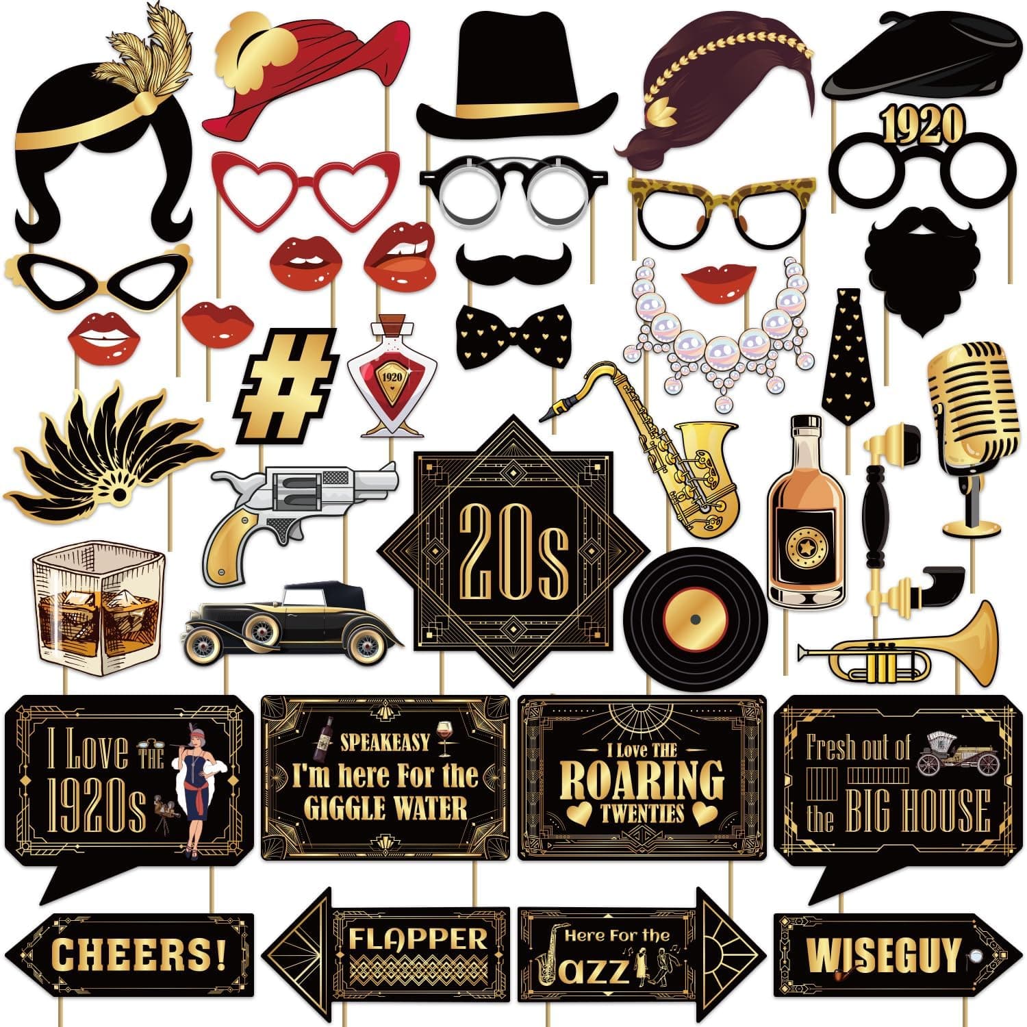 40 Pcs 1920's Photo Booth,1920 Party Decorations, Roaring 20's Party Decorations, Great Gatsby Decorations Party