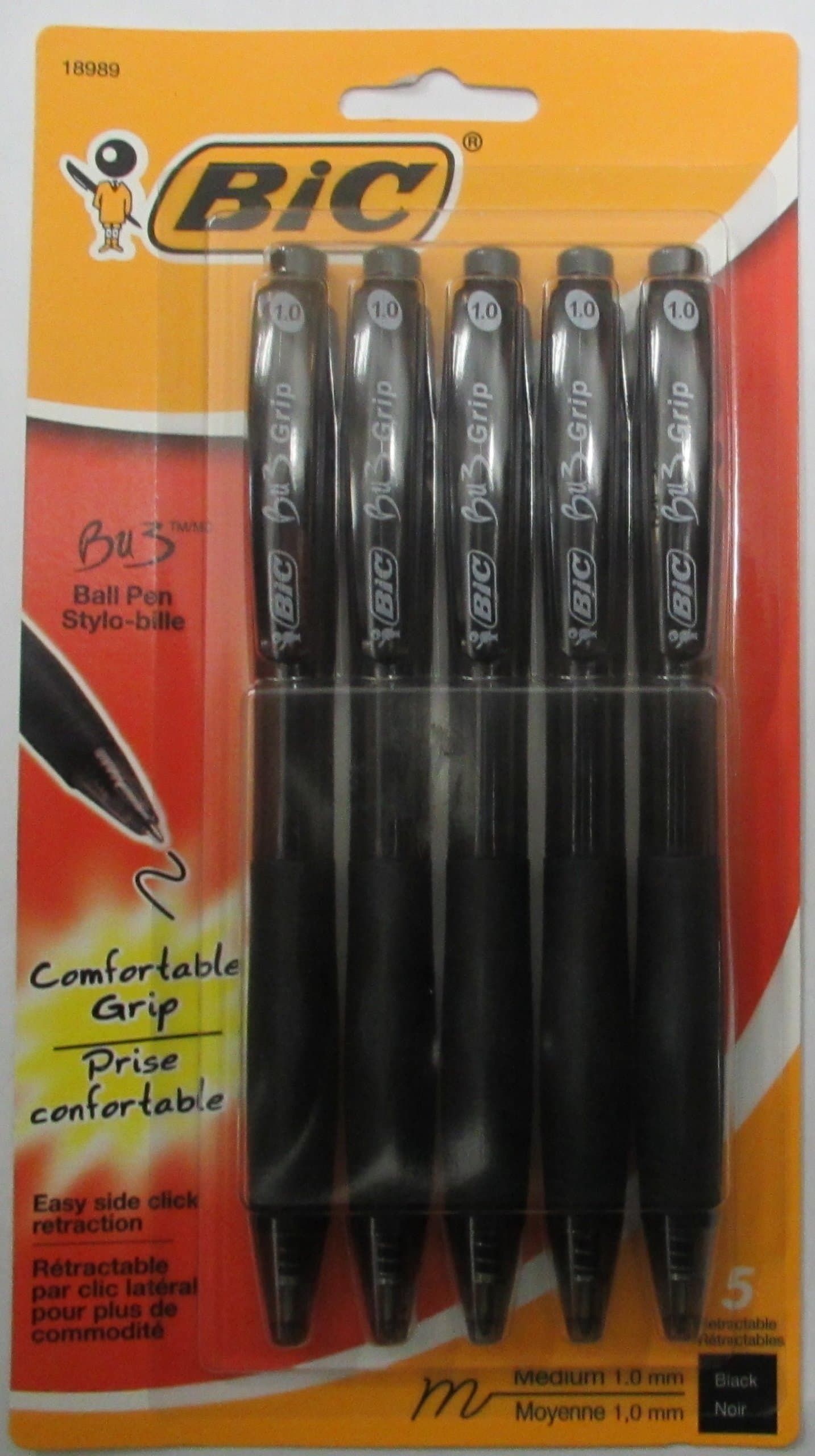 Bu3p51-Blk Round Stick Grip Ball Pen 5 Count