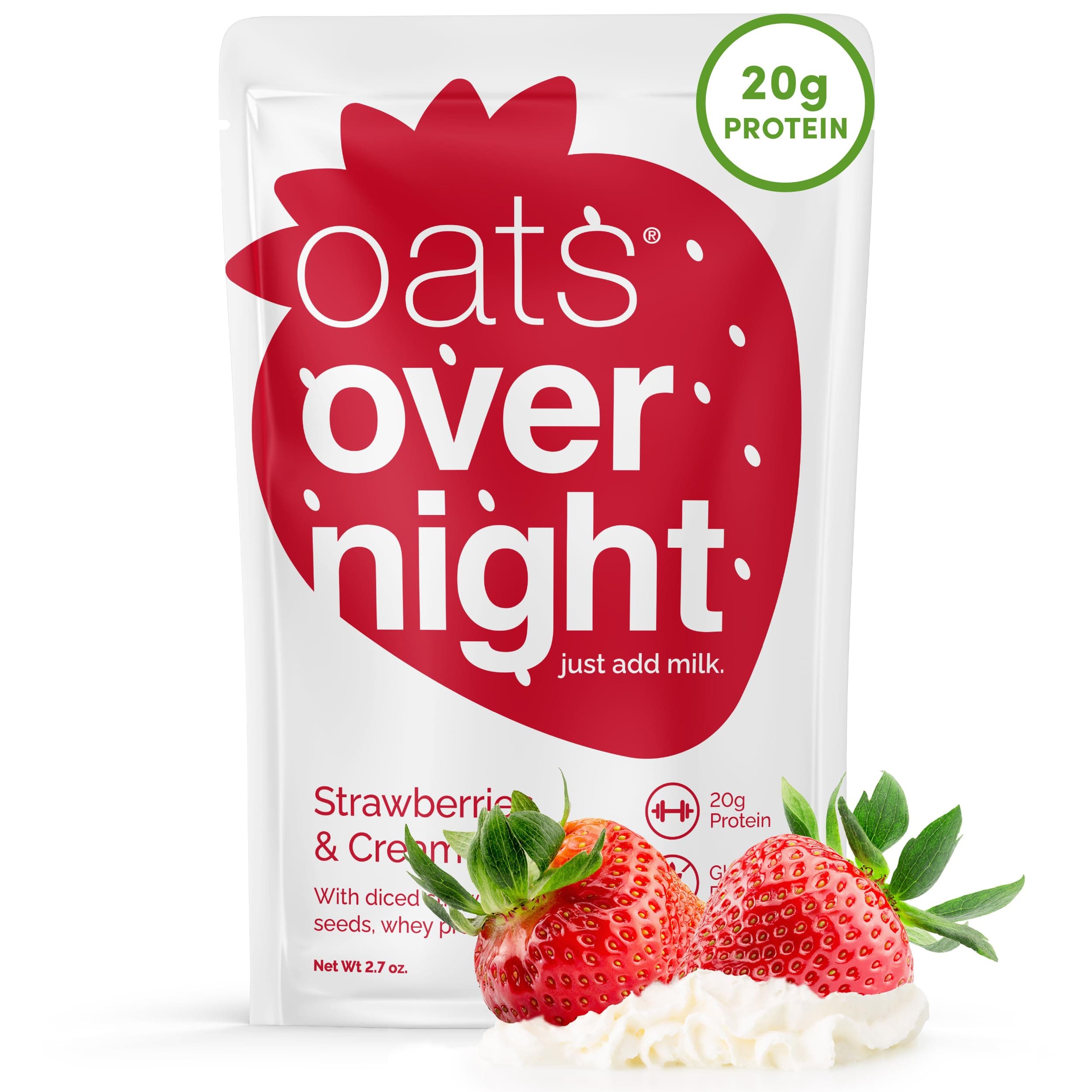 Oats Overnight - Strawberries & Cream - 20g Protein, High Fiber Breakfast Shake - Gluten Free, Non GMO Oatmeal (2.7 oz per meal) (24 Pack)
