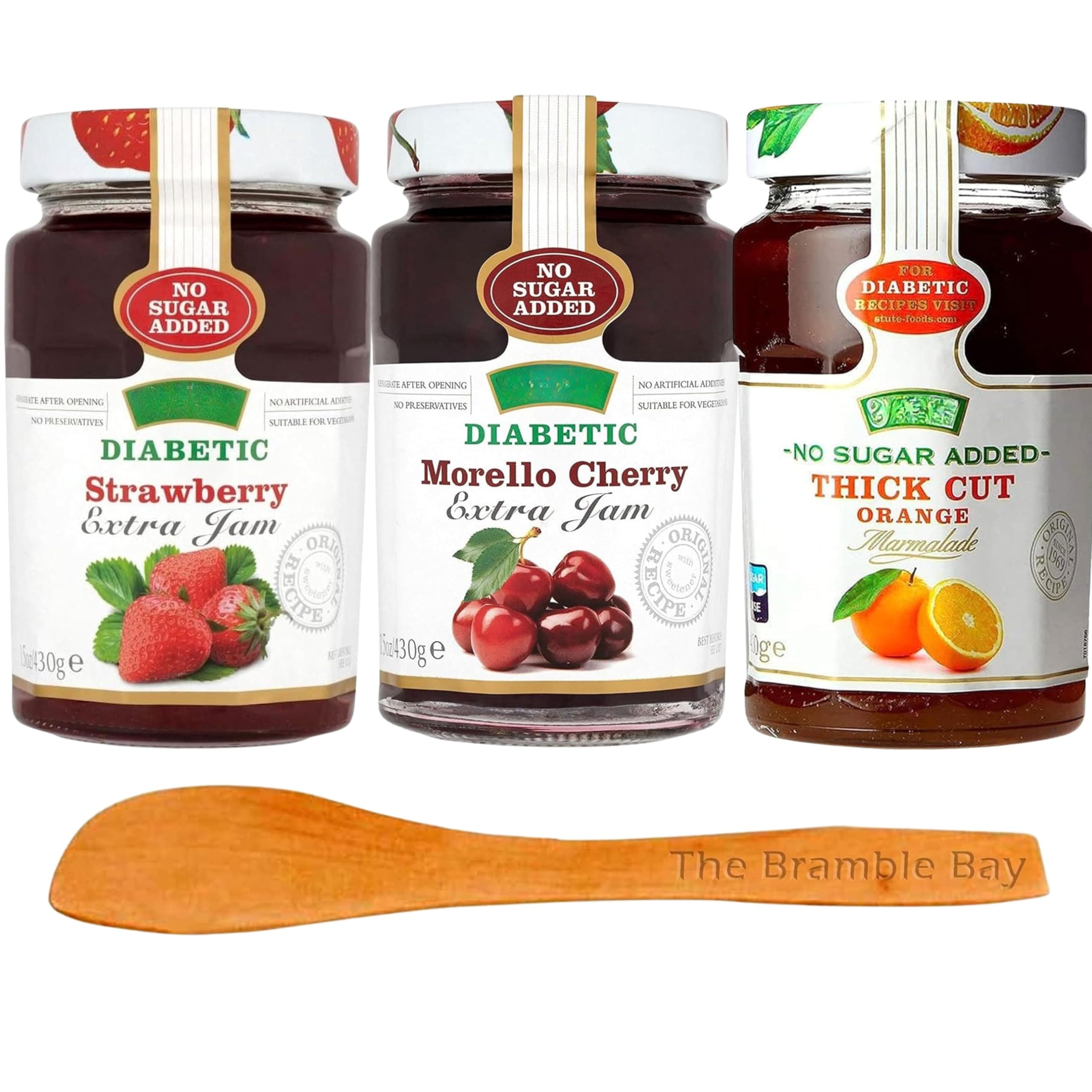 Diabetic Marmalade Food bundle includes No Added Sugar Strawberry Jam, Morello Cherry Jam, Thick Cut Orange 430g, Wooden spreader