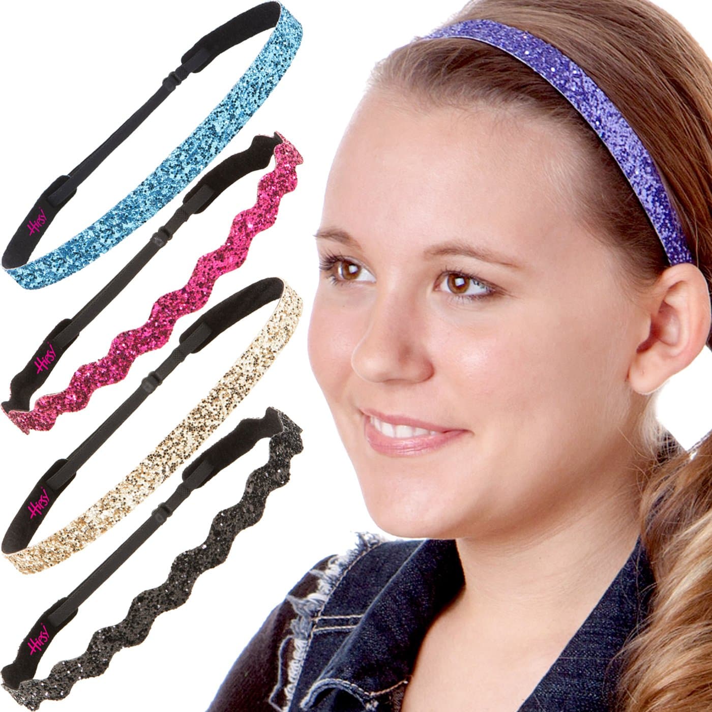 Hipsy Women's Adjustable NO SLIP Bling Glitter Headband Mixed Pack (Multiple Colors Sparkling Jewels 5pk)