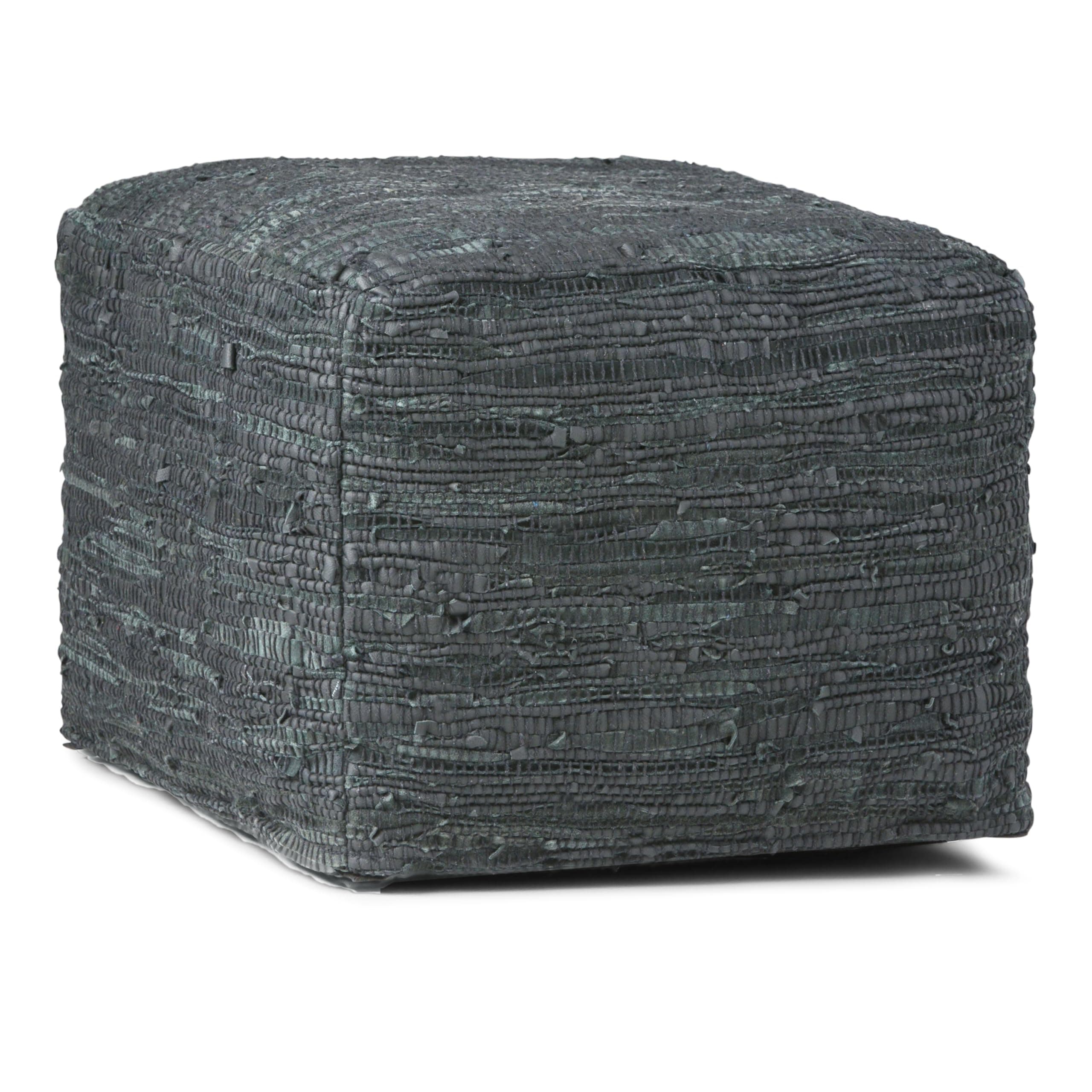 SIMPLIHOME Fredrik Boho Square Pouf in Grey Woven Genuine Leather for the Living Room, Bedroom and Kids Room