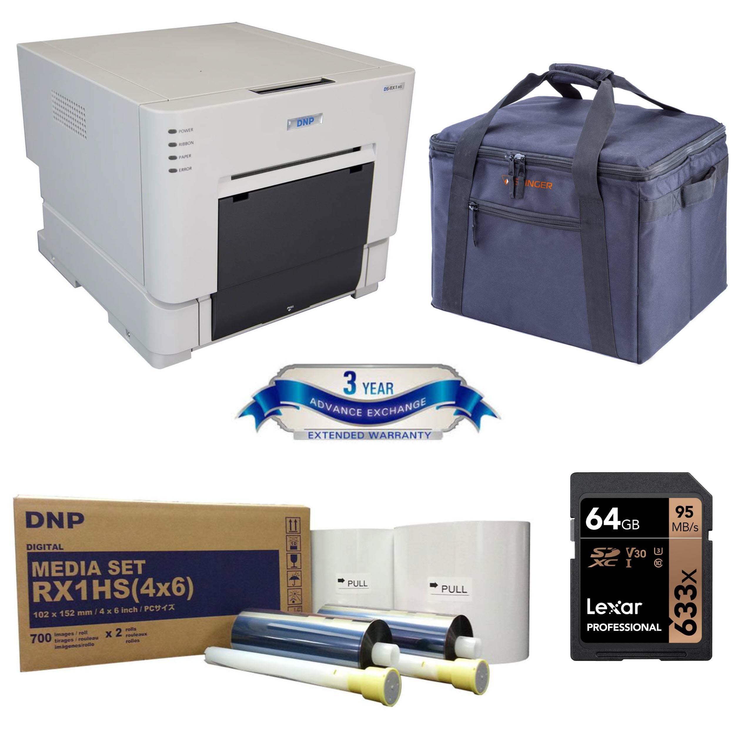 DS-RX1HS Compact Event Photo Booth Portrait Dye-Sublimation Printer Bundle with DNP Print Media 4x6-inch, 2 Rolls + Slinger Padded Printer Carrying Case + 64GB SD Card + 3 Year Extended Warranty