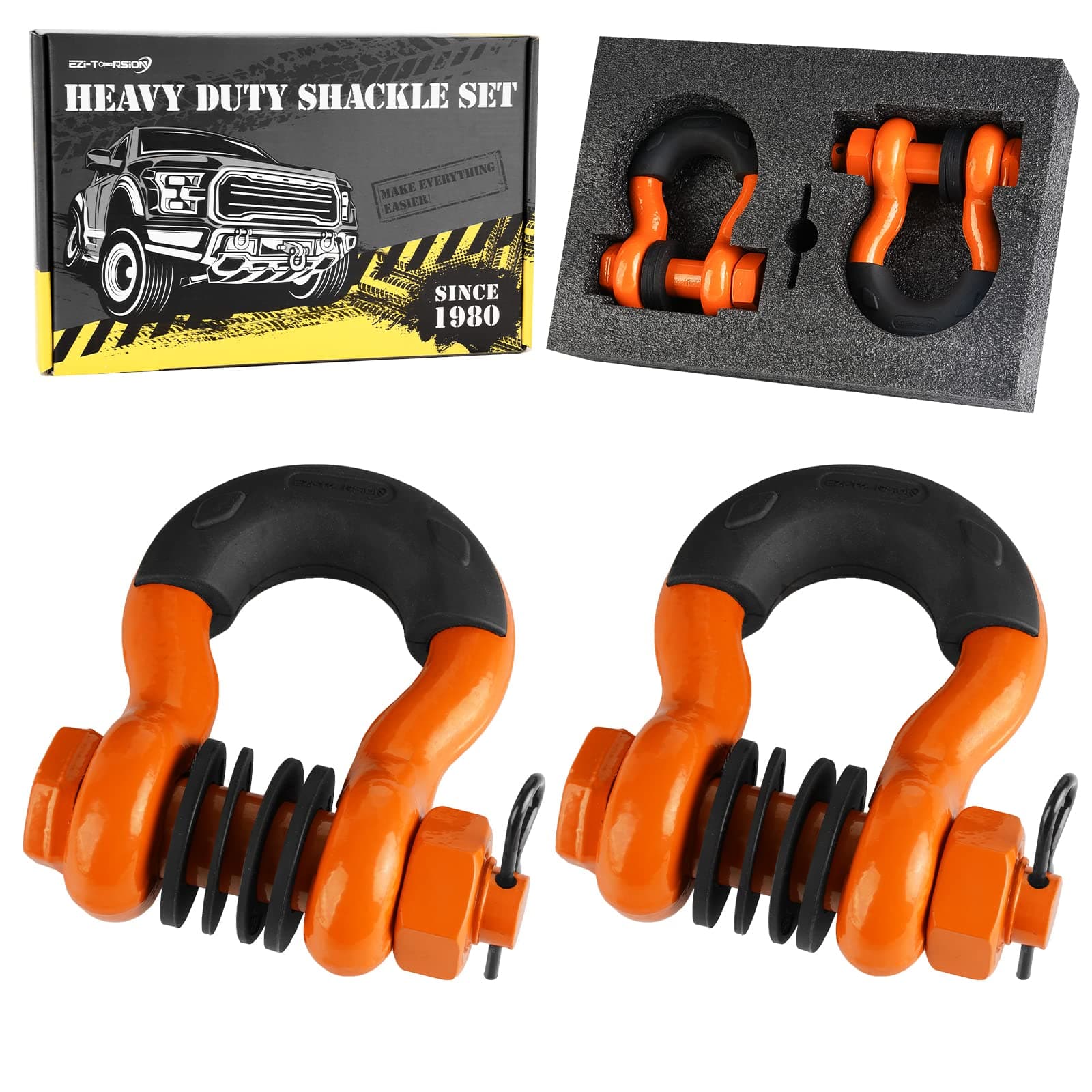 D Ring Shackles with Safety Pin 47,000 lbs Breaking Strength (2 Pack), Shackles 3/4 Inch with Isolator & Washer Kit for Towing Strap, Winch, Off-Road Vehicle or Truck Recovery (Orange)