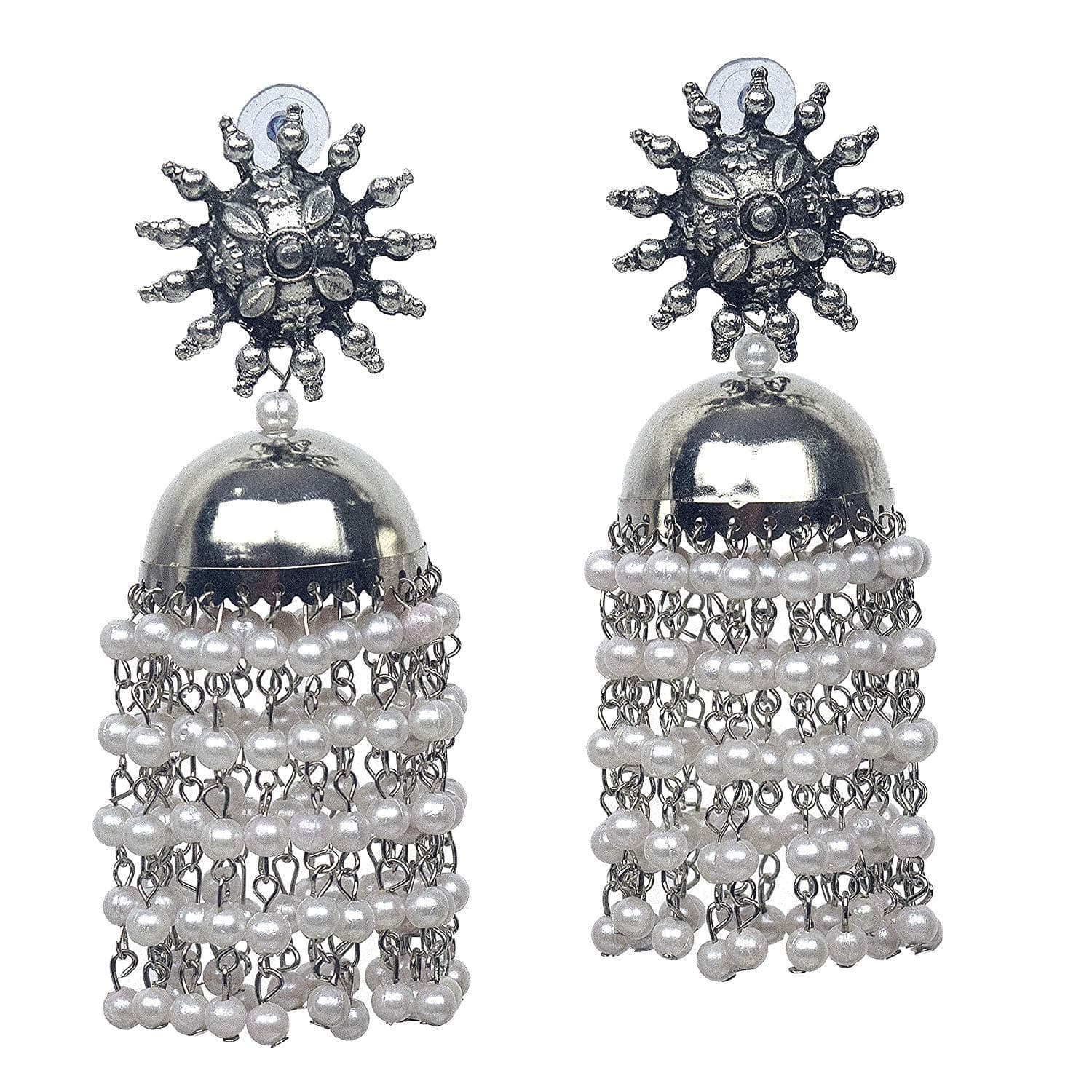 KRELIN Oxidised Silver Traditional Earring With White Pearl Afghani Long Tassel Sun Shape Bigger Jhumka Jhumki for Women & Girls