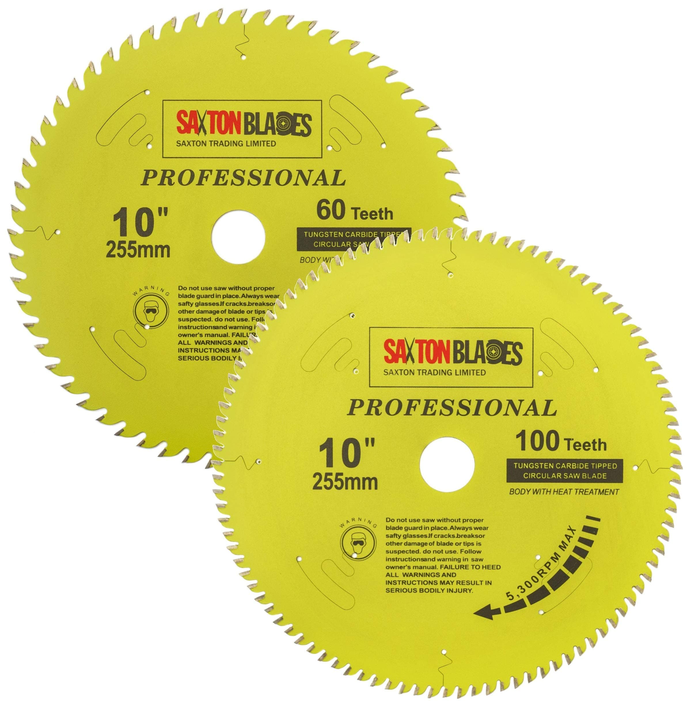 TCT255MXAPRO Saxton Professional Range TCT Circular Saw Blade 255mm 60 and 100T x 30mm Bore, 16, 20, 25, 25.4mm Reduction Rings Compatible with Evolution Bosch Makita Dewalt etc