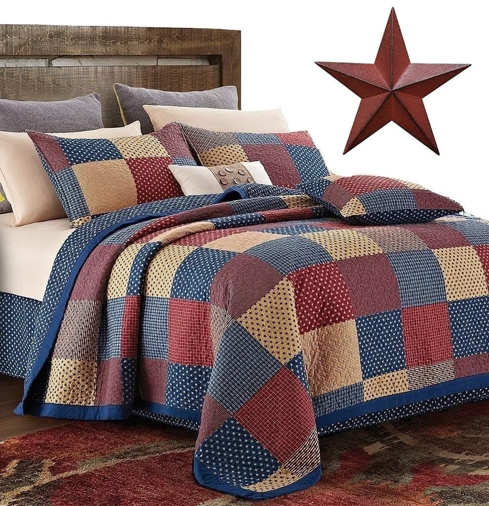Ardour Van Wewdigi Country Home Collection Vintage Americana Primitive Patchwork Charm 3pc Full/Queen Quilt Set + Metal BARN Star!