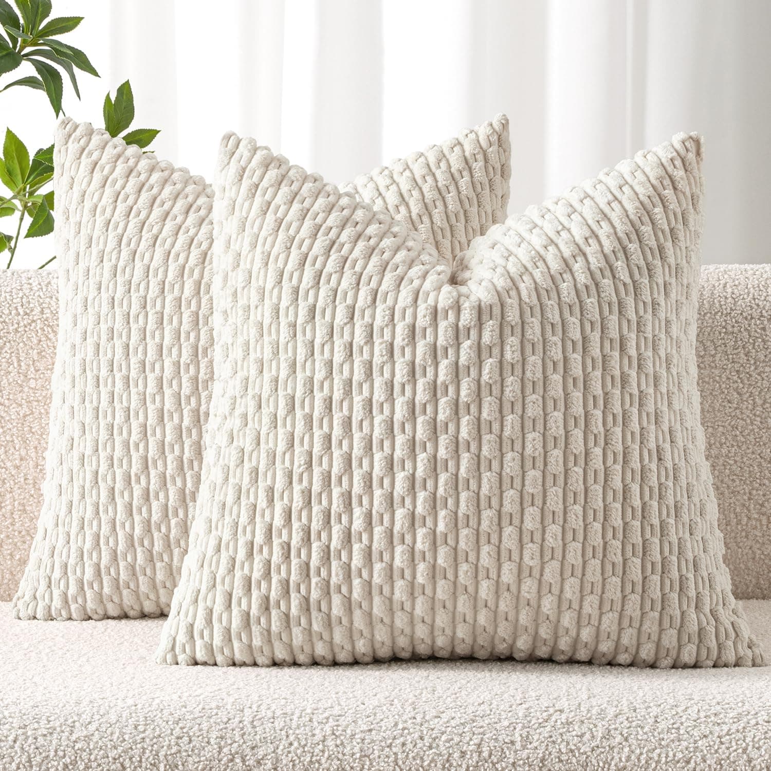Pack of 2 Decorative Throw Pillow Covers 18x18 Inch Soft Boho Striped Textured Corduroy Pillow Covers Modern Farmhouse Home Decor for Couch Bed Sofa Living Room Cream White