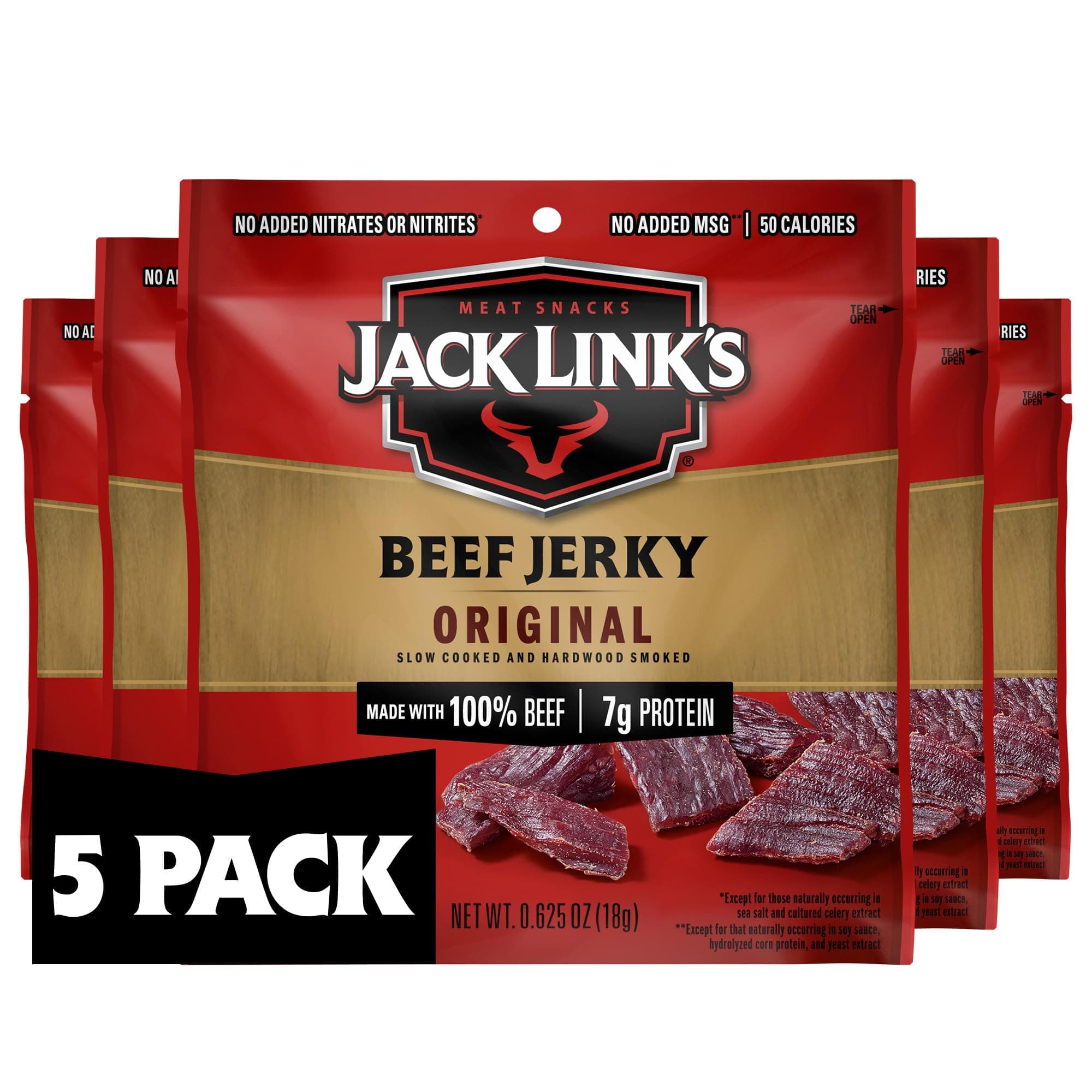Jack Link's Beef Jerky, Original, Multipack Bags – Flavorful Meat Snacks for Lunches, Ready to Eat Protein Snacks, Individual Packs - 7g of Protein, Made with 100% Beef – 0.625 oz (Pack of 5)