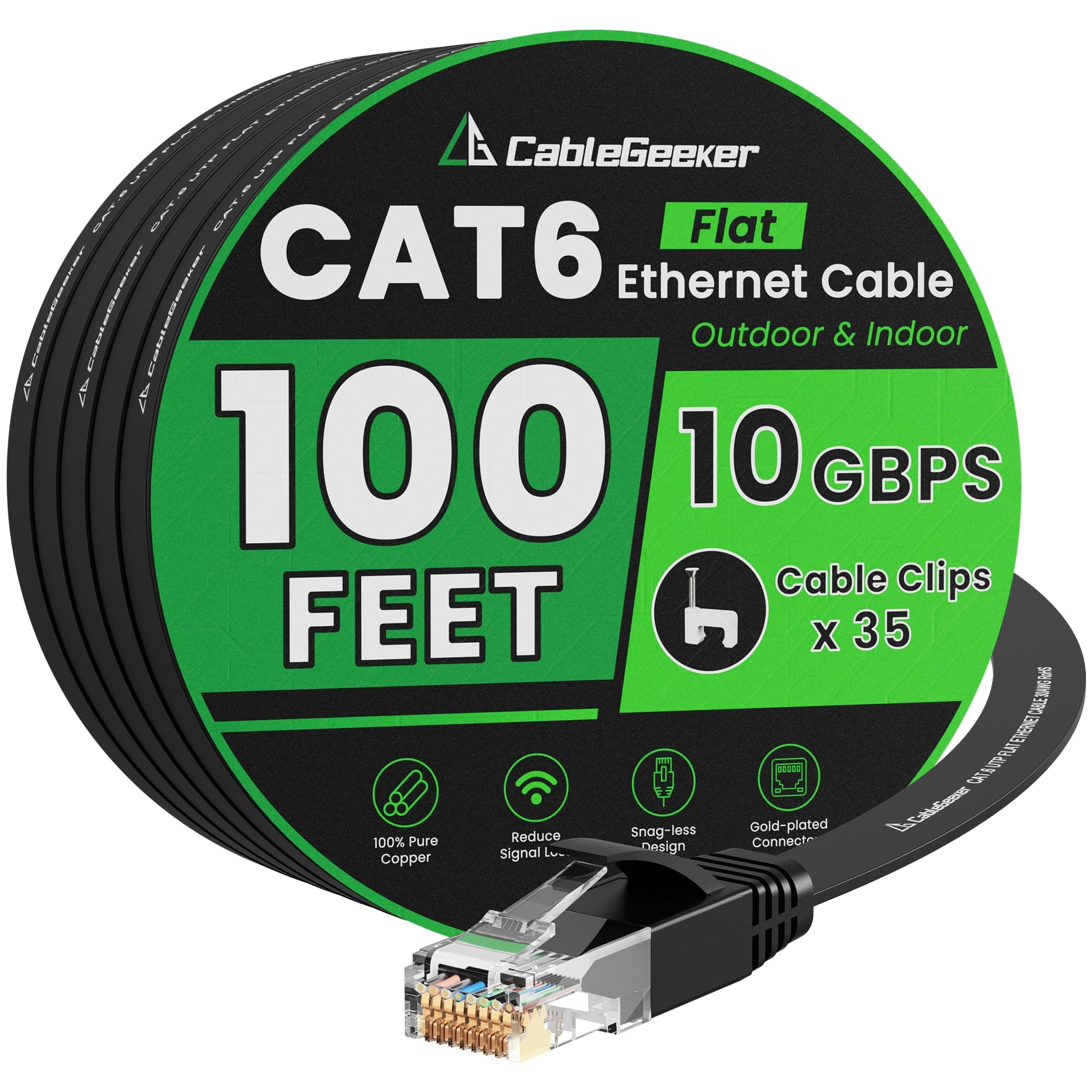 - Cat 6 Ethernet Cable 100 ft, Indoor&Outdoor, High Speed 10Gbps Internet Network, Pure Copper Flat Ethernet Patch Cable Long, Computer LAN Cable with Clips & Straps for Router, Modem, PS4/5, Black