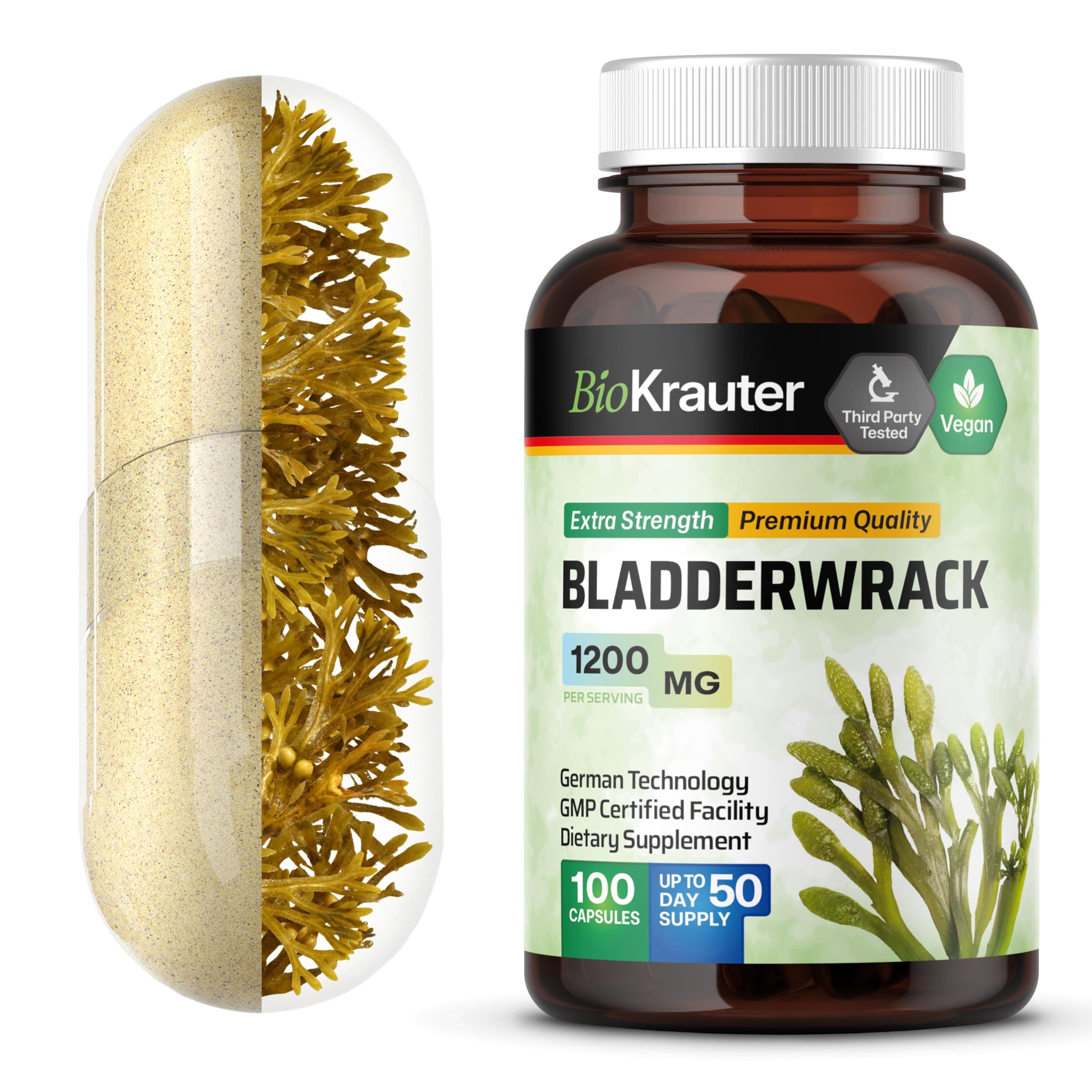 Bladderwrack for Thyroid Support - Vegan Iodine Supplement 1200 mg per Serving - Bladderwrack 100 Capsules, 50 Days of Supply, Non-GMO - Natural Seaweed Supplement