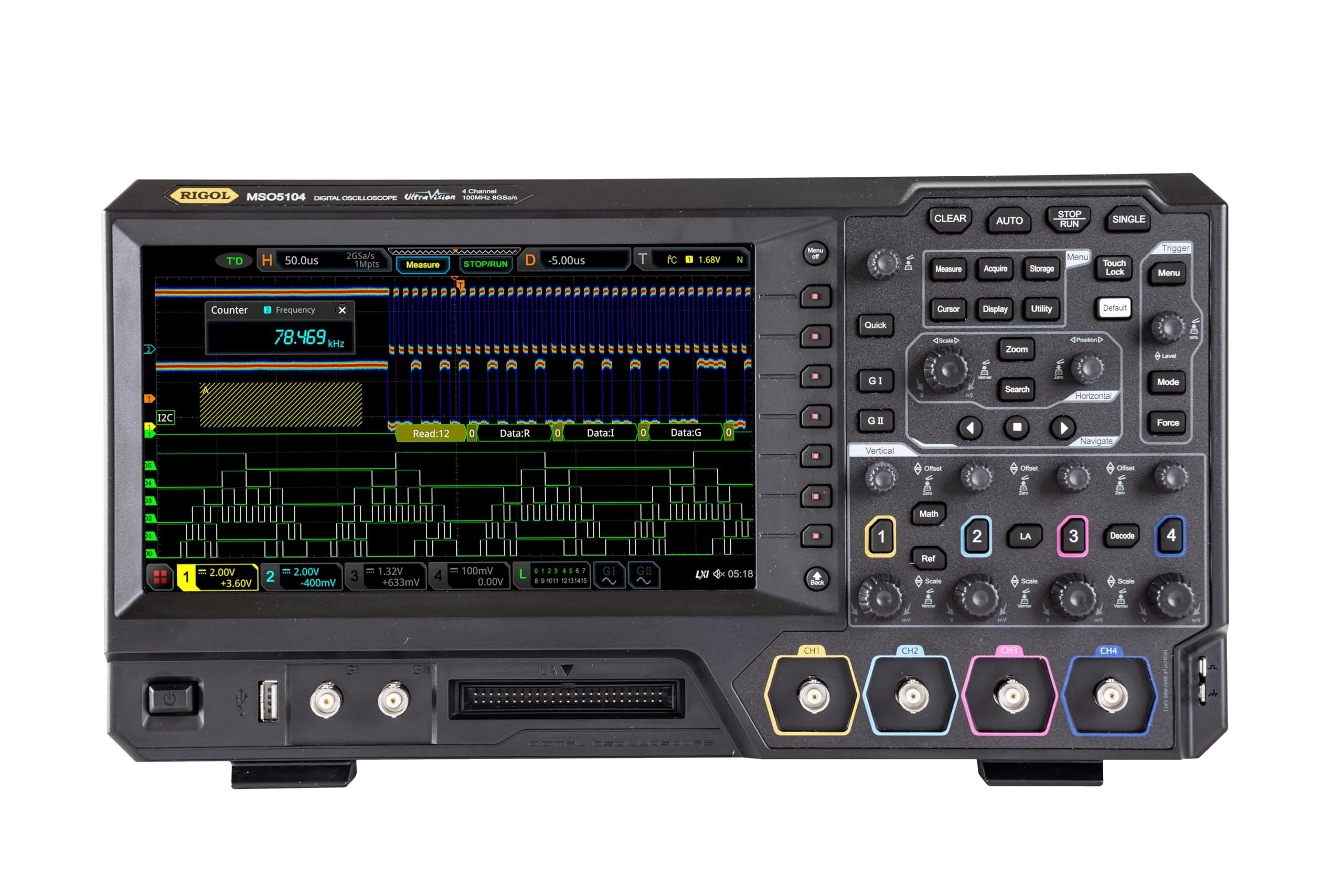 Mixed Signal Oscilloscope MSO5104 100 MHz 4+16 CH up to 8 GSa/s 100 Mpts, ≥500,000 wfms/s 9" Touch 256 Intensity, Recording 450,000 Frames, LAN/USB/HDMI Web Control for Debug