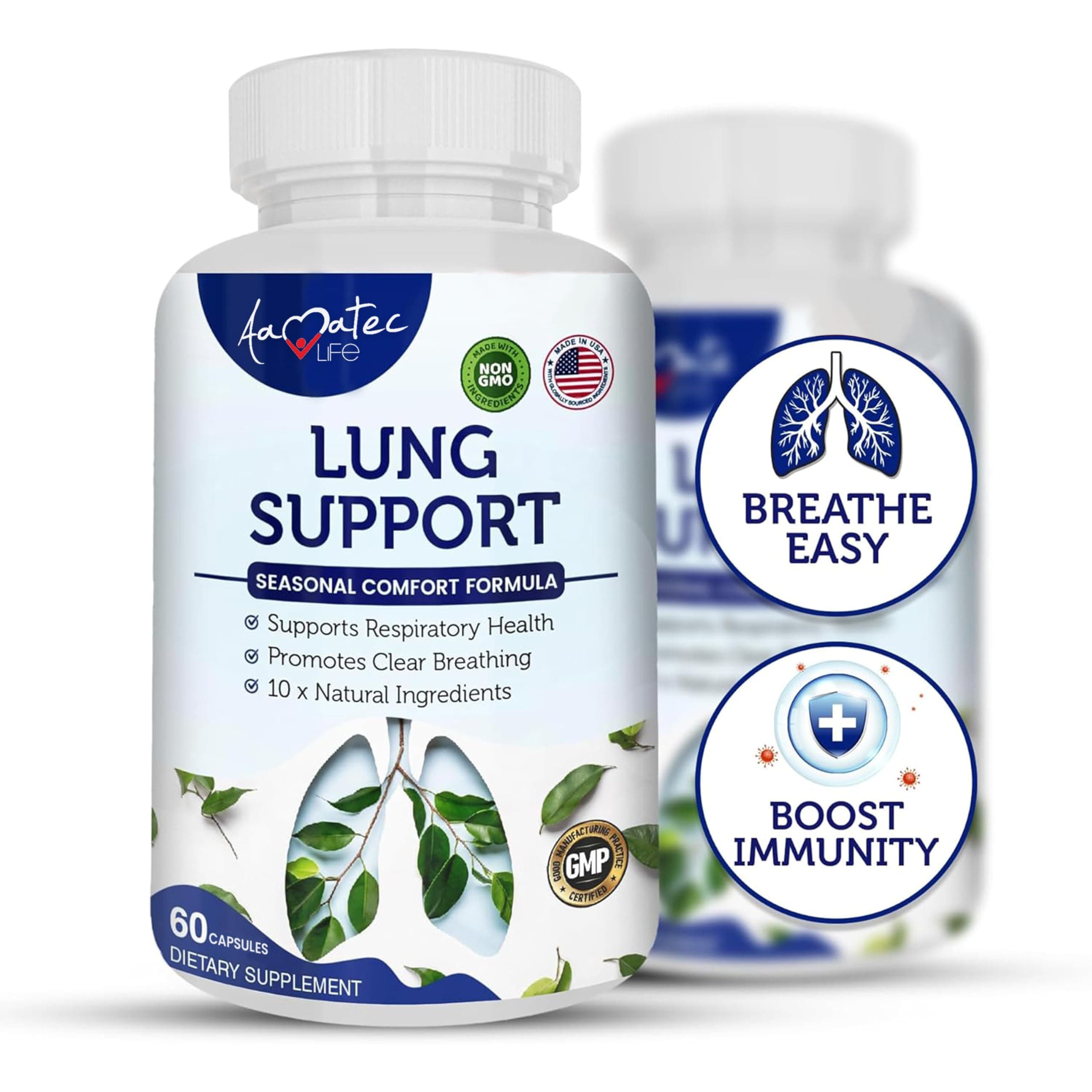 Amate Life Lung Support Dietary Supplements Herbal Breathing Support 10 Active Ingredients Original Formula for Lung Health Lung Cleanse Formula Supplement for Bronchial System 60 Capsules Non GMO