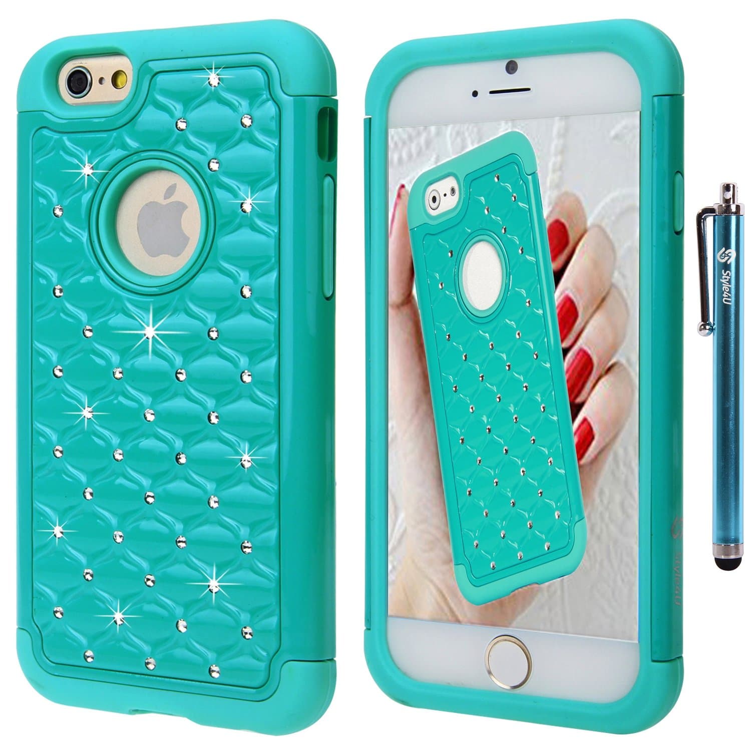 iPhone 6S Case, iPhone 6 Case, Style4U iPhone 6S / 6 Studded Rhinestone Crystal Bling Hybrid Armor Case Cover for Apple iPhone 6S / iPhone 6 with 1 HD Screen Protector and 1 Stylus [Teal/Mint Green]