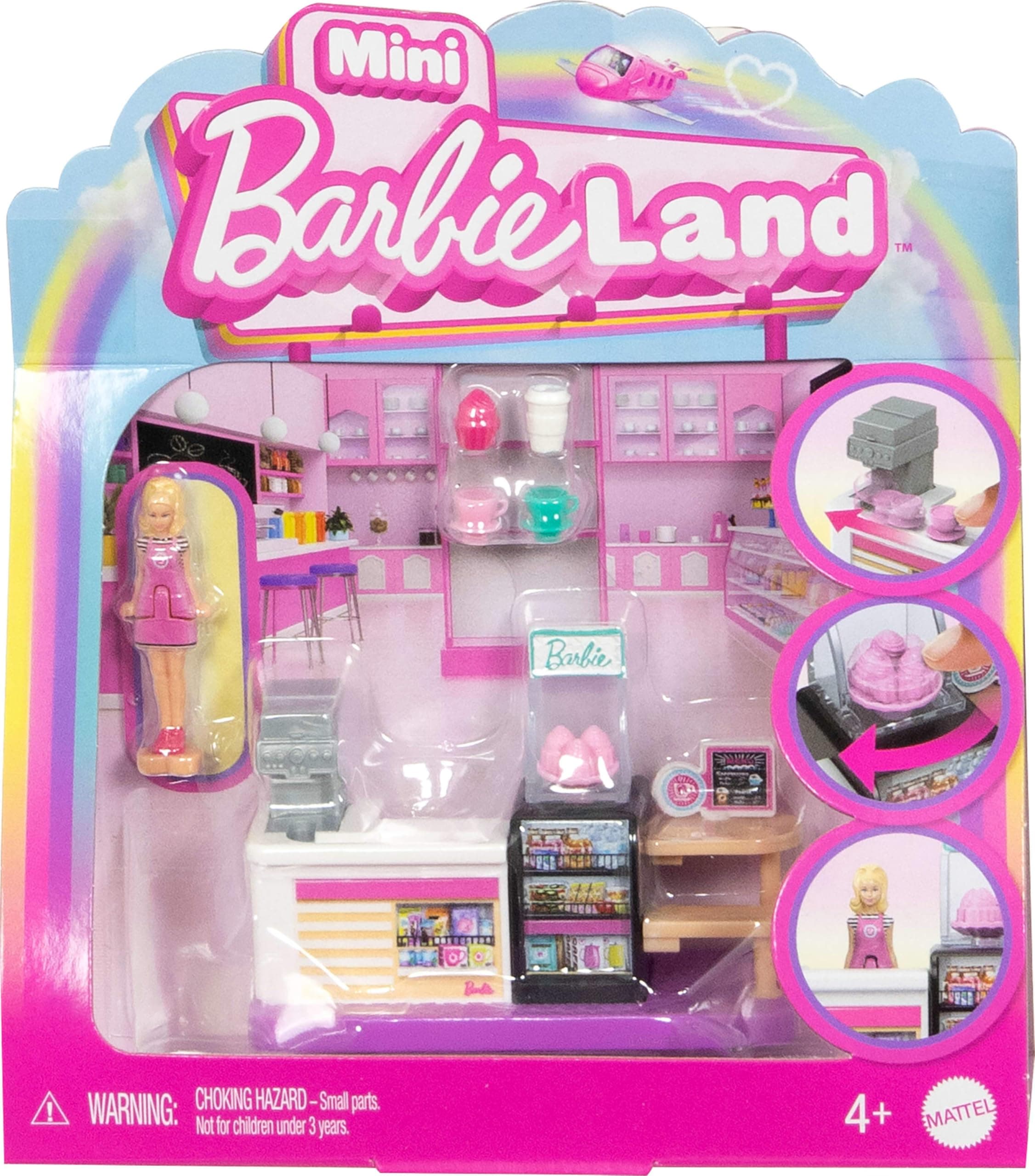 Mini BarbieLand Collectible Bakery Playset with 1.5-Inch Doll, Coffee Maker Station, Pastry Display and Seating Area for Storytelling Play, JCR31